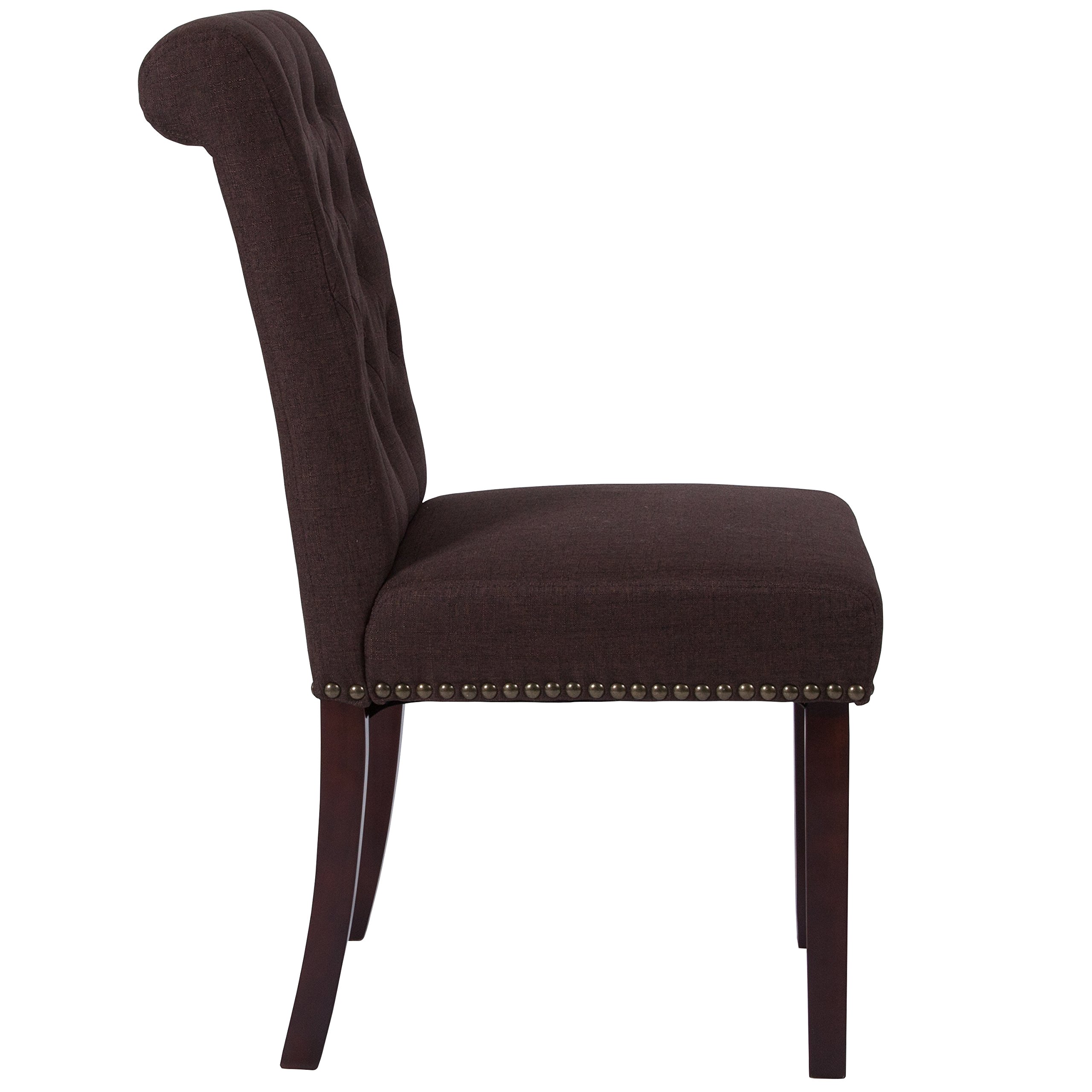 EMMA + OLIVER Brown Fabric Parsons Chair with Rolled Back & Nail Trim - Modern Dining Room Accent Chair for Kitchen, Office, and Living Room Decor