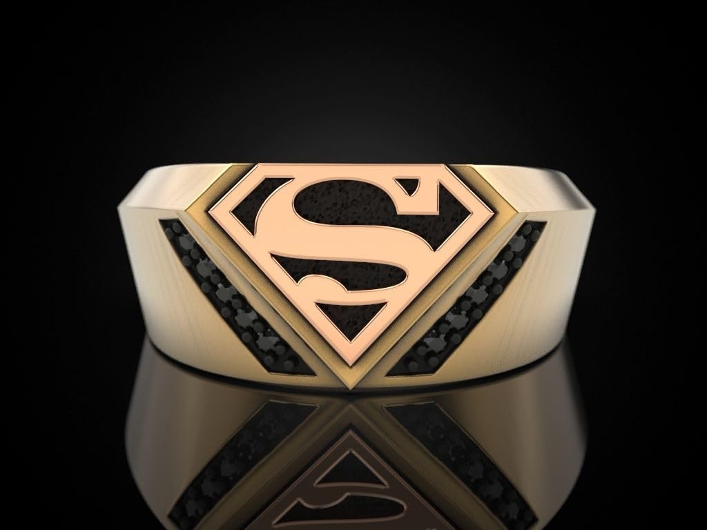 0.10 Ct Round Cut Black Diamond Men's Superhero Ring - 14K Gold Plated 925 Sterling Silver Handmade Signet Ring - Perfect Gift for Him - Ideal for Cosplay, Weddings & Special Occasions