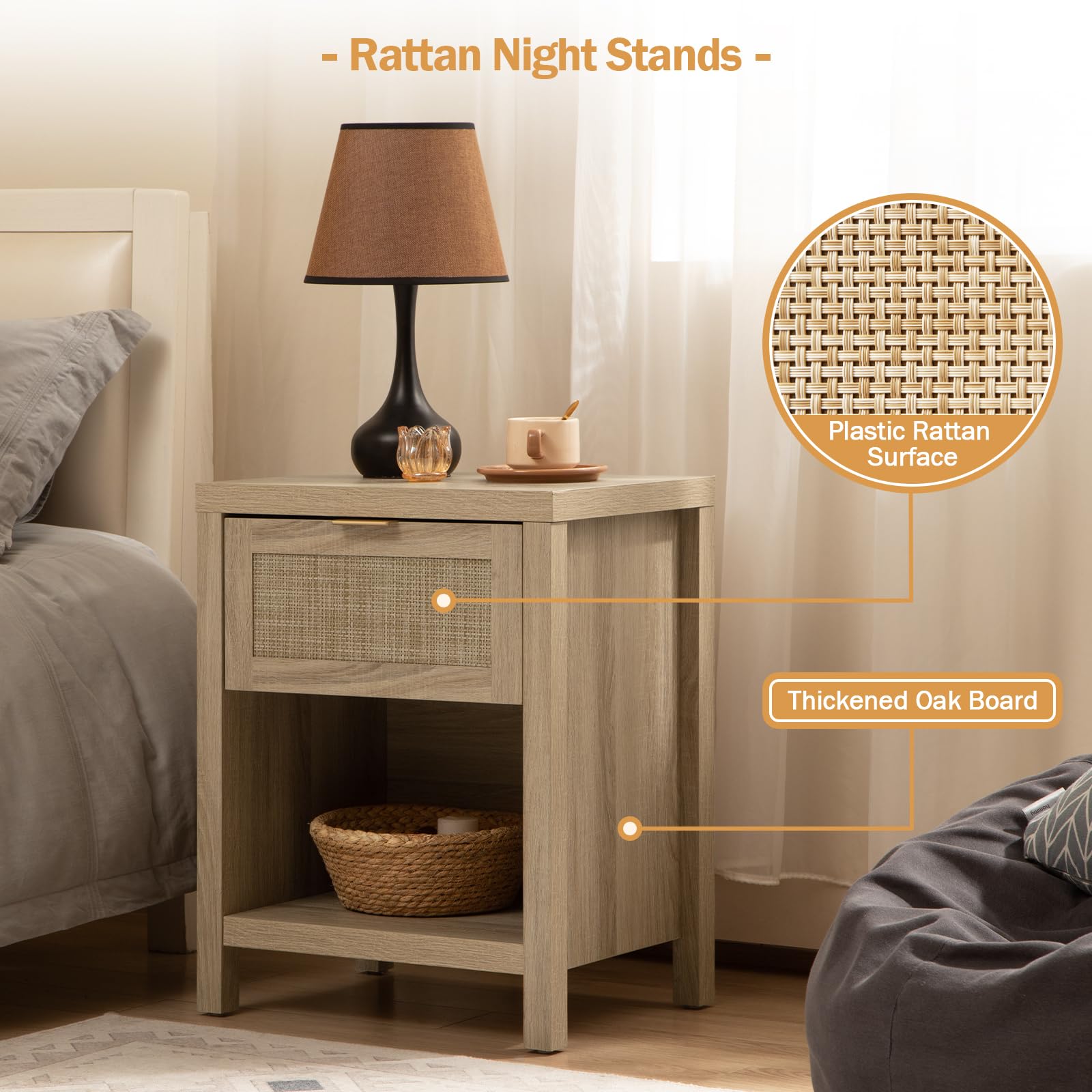 SICOTAS Rattan Night Stands - Farmhouse Boho End Side Table with Drawer & Open Shelf, Light Oak Bedside Table for Bedroom - Perfect for Small Spaces, Guest Rooms & Cozy Home Decor