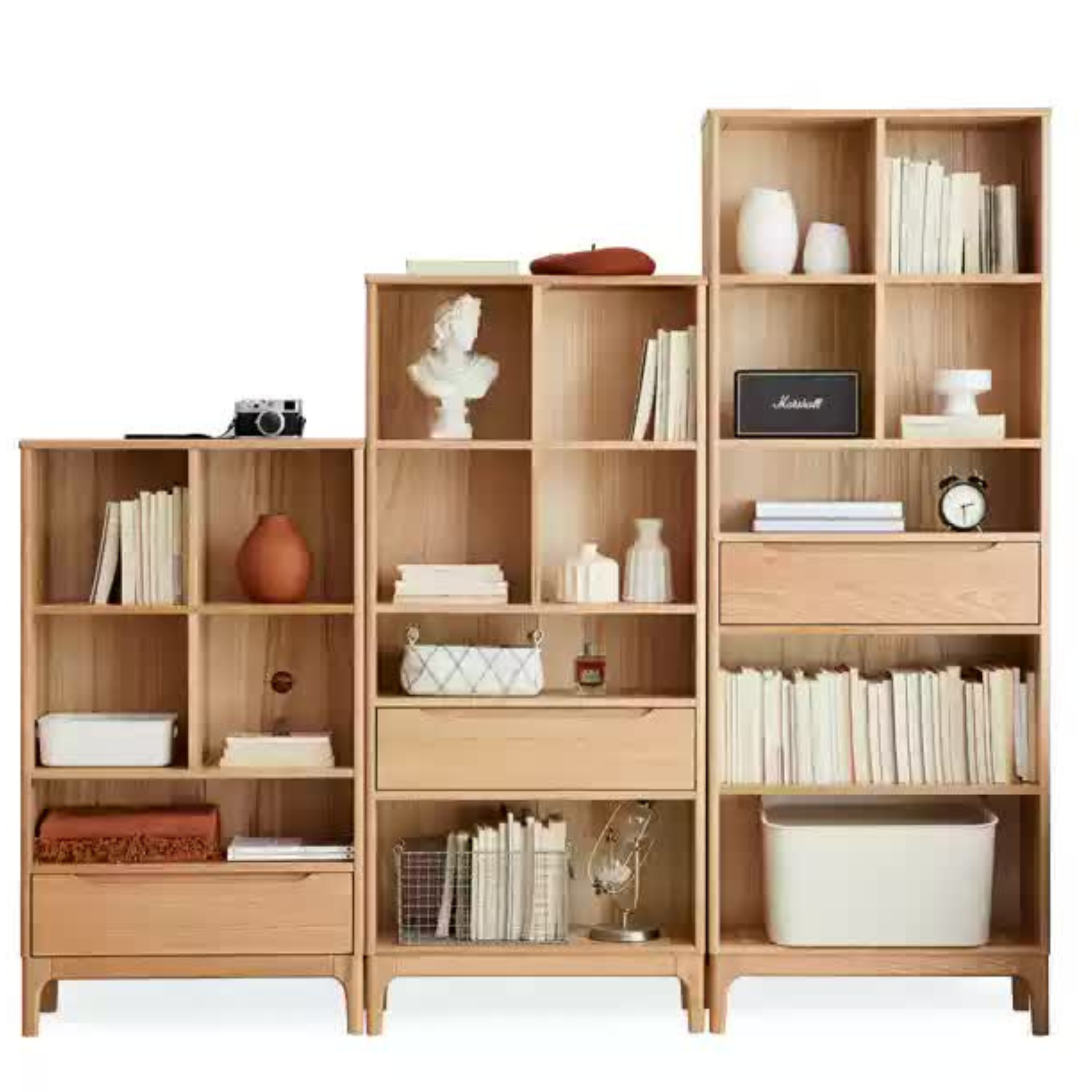 82.7x12.6x74.8 inch / 210x32x190 сm / Natural Wood Color / Small bookcase + medium bookcase + tall bookcase [set]