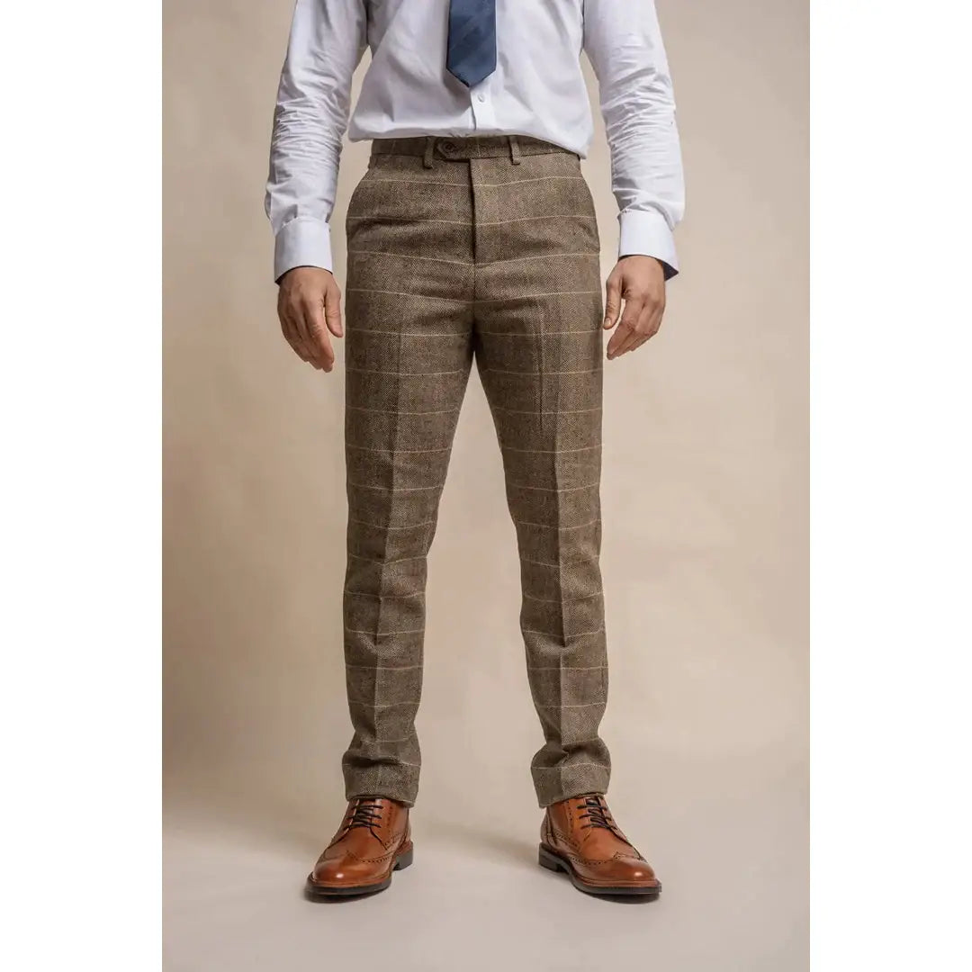 Cavani Albert Men's Brown Tweed Check Trousers | Classic Slim Fit Dress Pants for Business & Formal Occasions | Office Wear & Wedding Attire