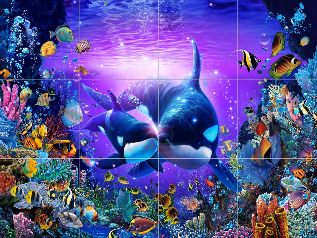 Ceramic Backsplash Tile Mural - Dolphin & Whale Underwater Ocean Scene - Waterproof Kitchen Bathroom Shower Wall Decor - Christian Riese Lassen Art - Perfect for Coastal, Beach House or Nautical Theme Interiors
