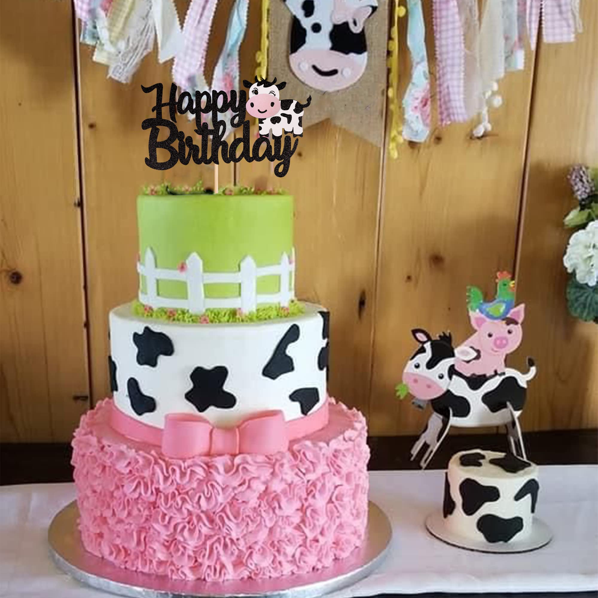 1 PCS Cow Happy Birthday Cake Topper - Glitter Farm Animal Cake Decor for Cow Theme Baby Shower, Kids 1st Birthday Party - Perfect for Boys & Girls Birthday Cakes, Cupcakes and Dessert Table Decorations