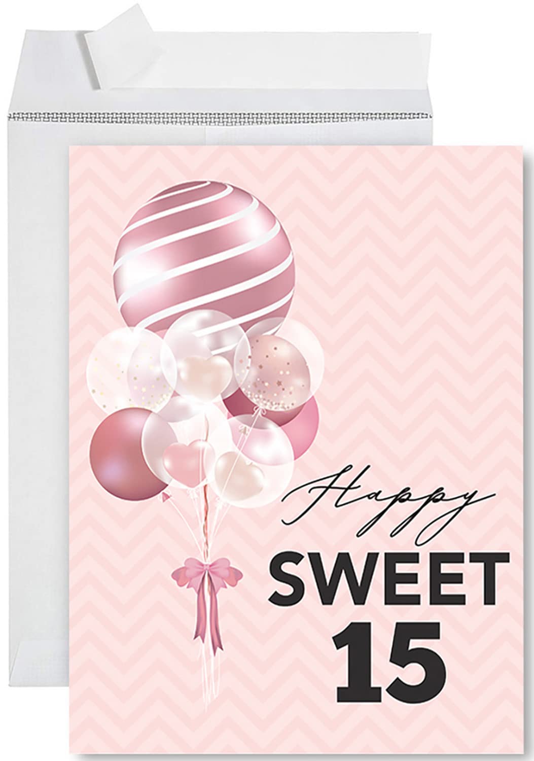 Jumbo Happy Birthday Card for 15th Birthday - Sweet Fifteen Balloon Design Greeting Card with Envelope (8.5