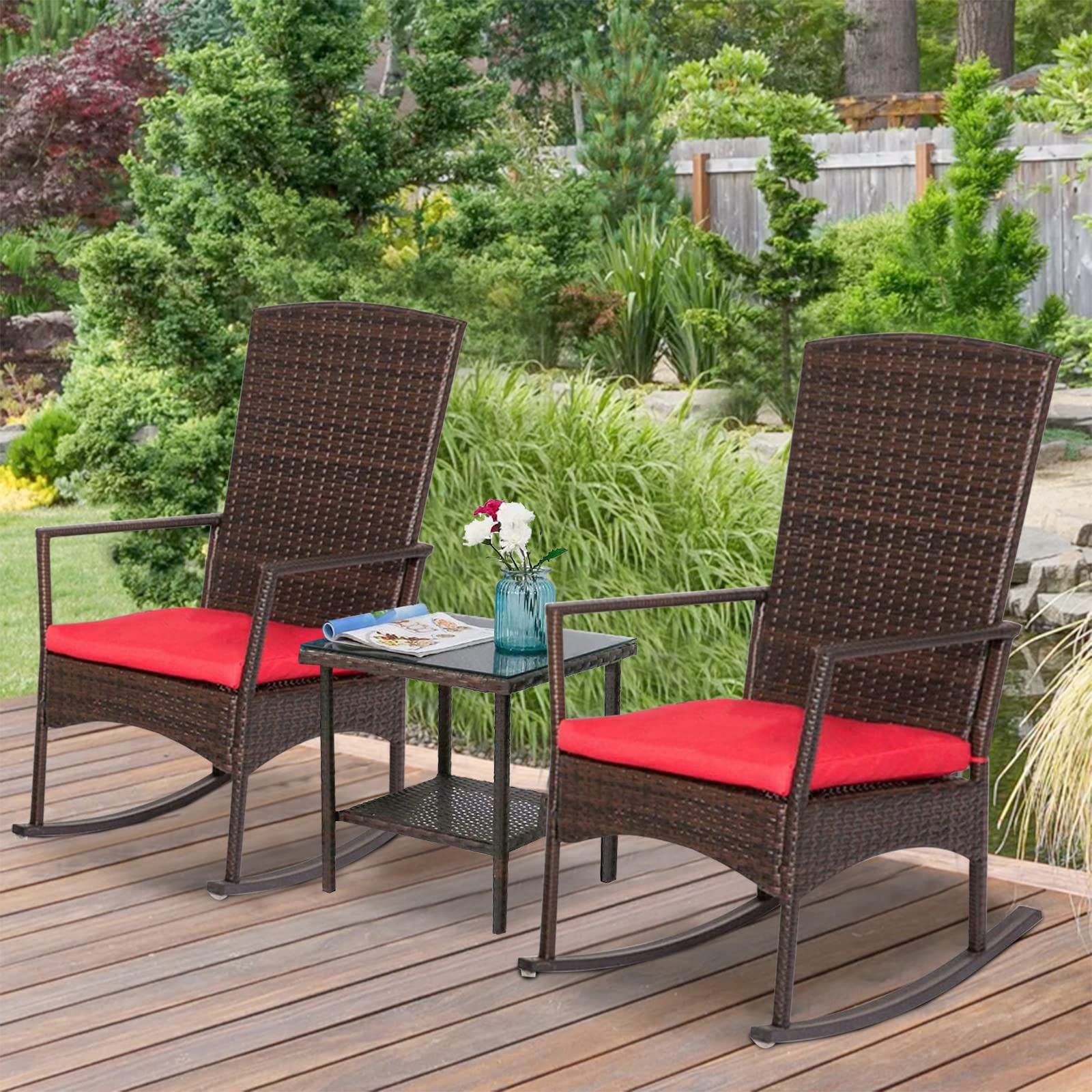 Outdoor PE Wicker Rocking Chair - 3-Piece Patio Rattan Bistro Set with Glass Coffee Table, Durable & Weather-Resistant Furniture (Red) - Perfect for Garden, Balcony, and Backyard Relaxation