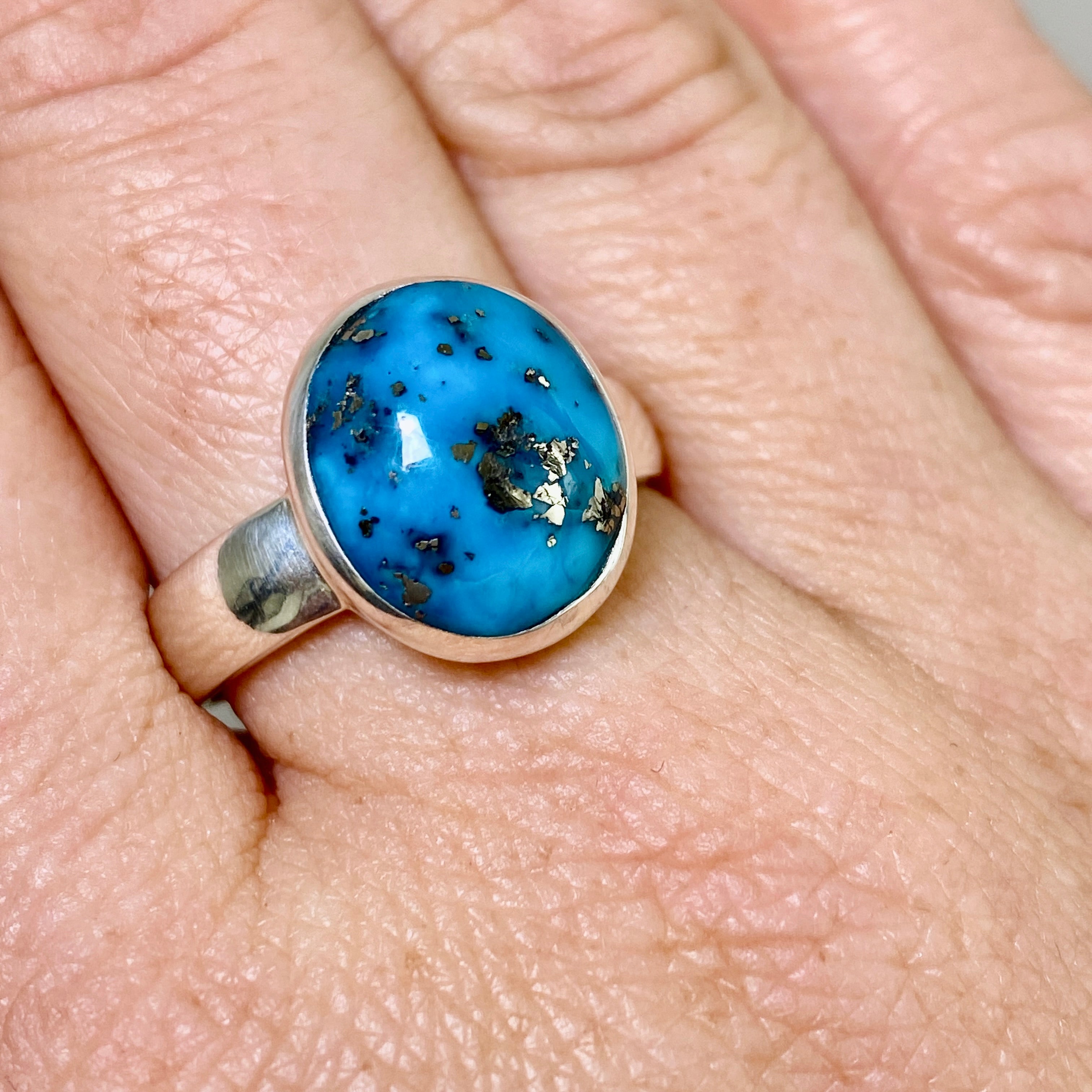 Natural Persian Turquoise with Pyrite Oval Cabochon Ring - Size 9.5 - Handmade Iranian Jewelry - Perfect for Boho Fashion & Gift Giving