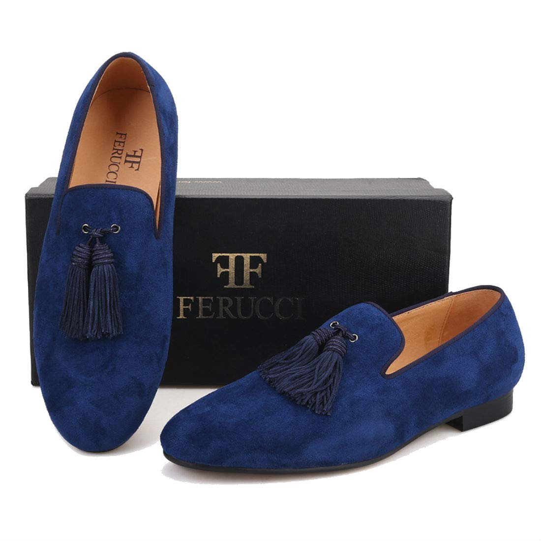 FERUCCI Men's Navy Suede Loafers with Tassel - Comfortable Slip-On House Shoes for Indoor/Outdoor Wear - Perfect for Home, Office & Casual Occasions