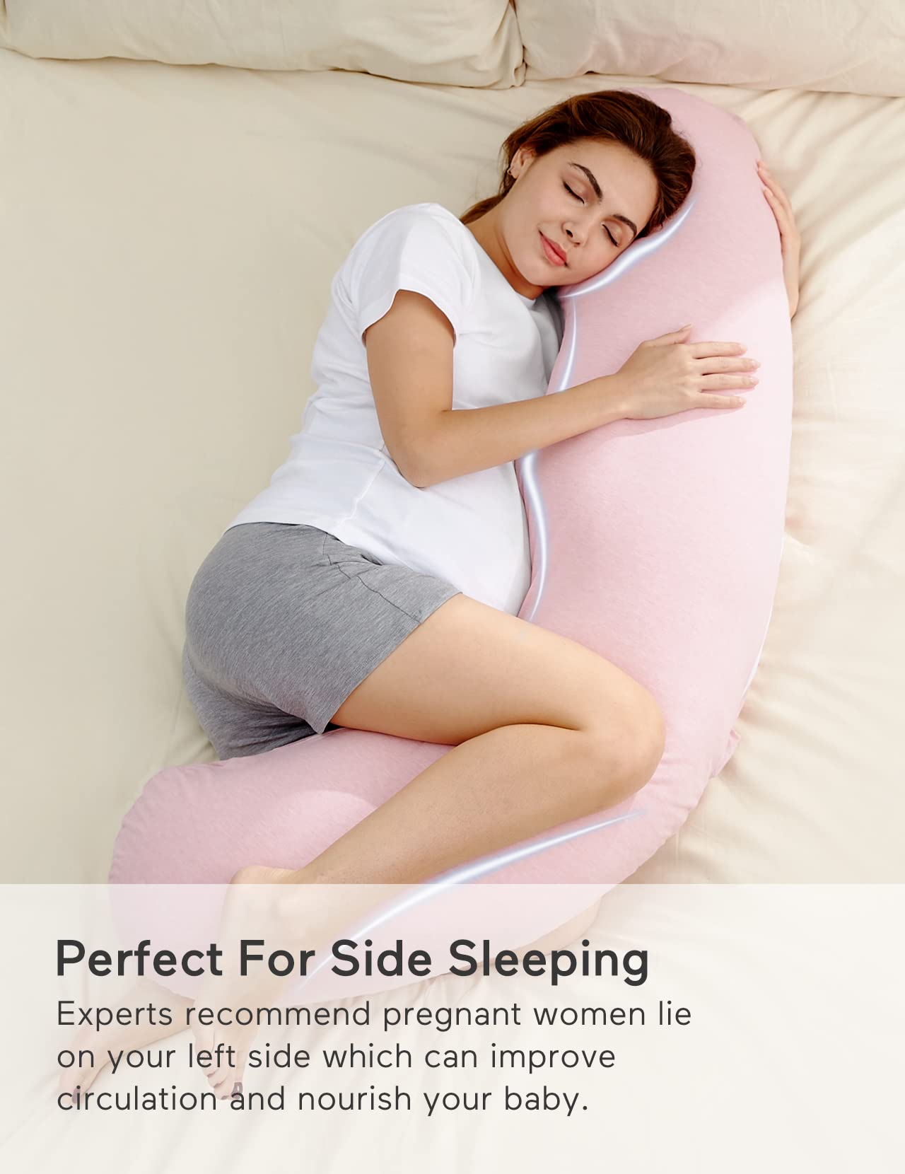 Momcozy J-Shaped Maternity Body Pillow with Removable Cover - Pregnancy Pillow for Head, Neck & Belly Support - Soft & Comfortable Sleeping Aid for Expecting Mothers - Perfect for Side Sleeping, Back Pain Relief & Pregnancy Comfort (Pink)