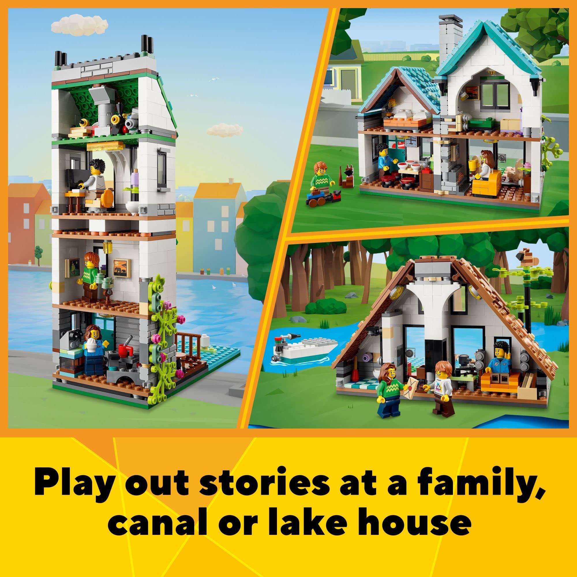 LEGO Creator 3 in 1 Cozy House Building Kit - Build 3 Different Houses with Family Minifigures & Accessories | Creative DIY Construction Toy for Kids, Boys & Girls Ages 6+ | Perfect for Indoor Play, Birthday Gifts & STEM Learning (Model 31139)