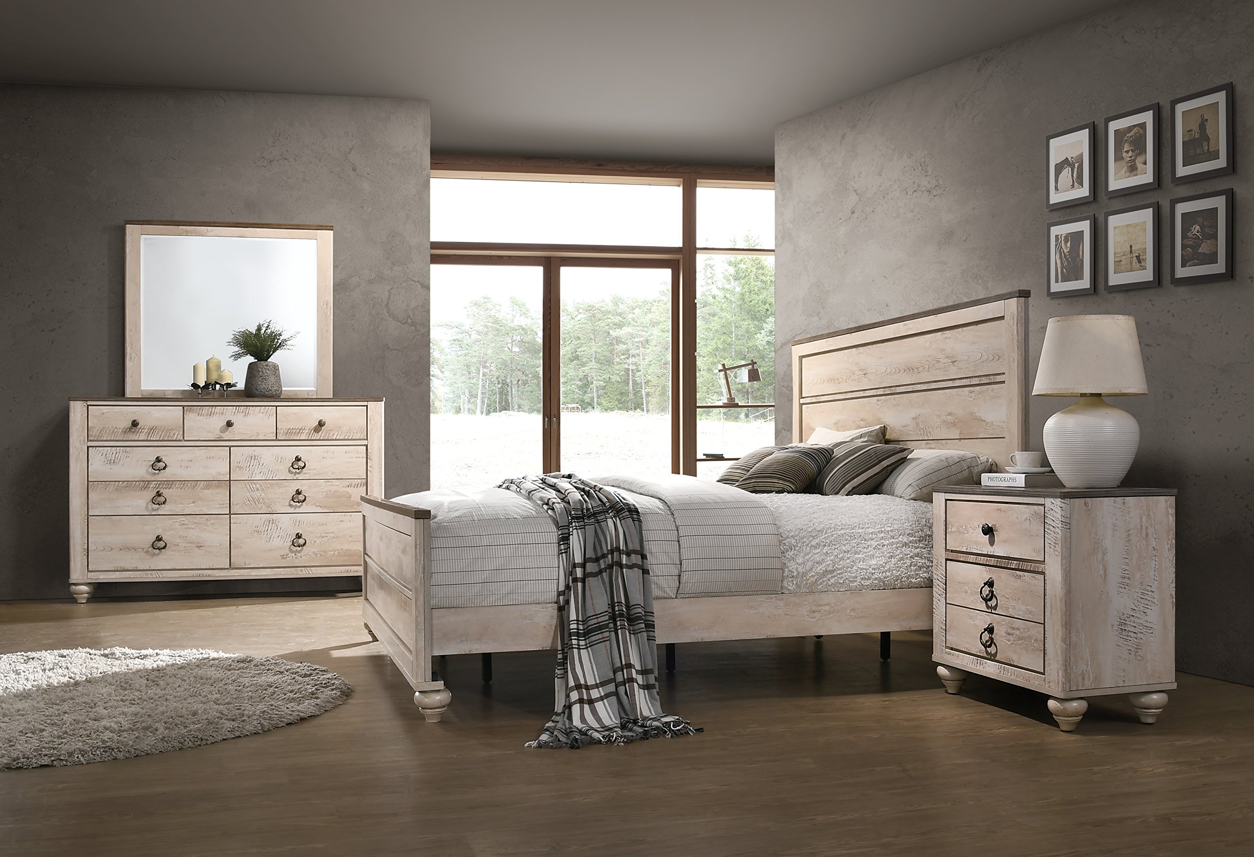 Roundhill Furniture Imerland Contemporary White Wash Finish 4-Piece Bedroom Set - Queen Size Bed, Nightstand, Dresser & Mirror - Modern Farmhouse Style for Cozy Bedroom Decor