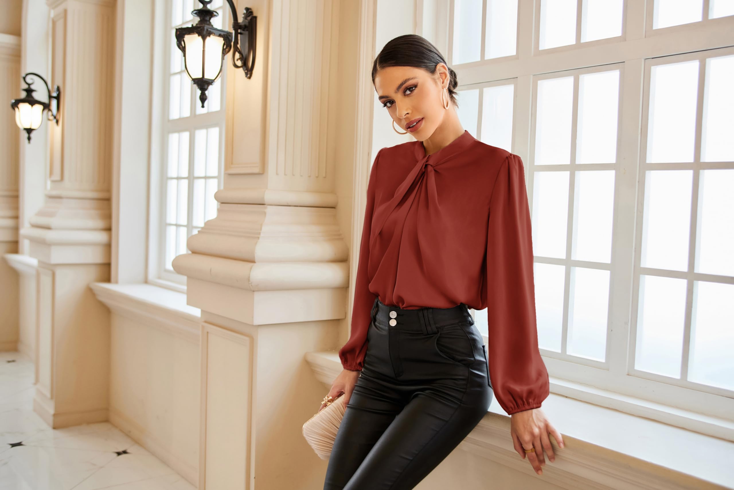 GRACE KARIN Women's Long Sleeve Satin Blouse - Mock Neck Casual Shirt for Business Office Work | Professional Workwear & Formal Occasions Outfit