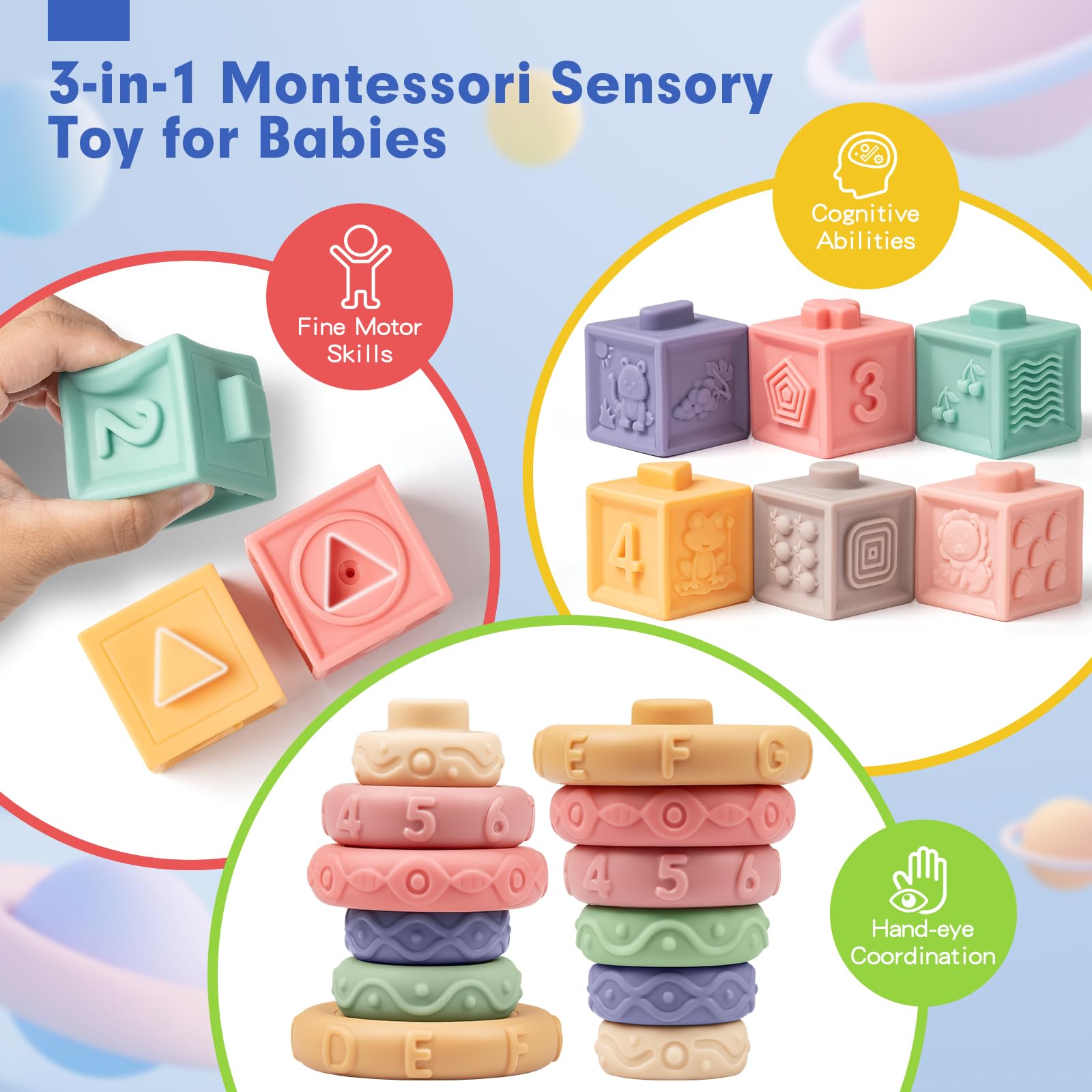 SpringFlower 3-in-1 Montessori Baby Toys - Rattle Teether, Soft Stacking Rings & Sensory Blocks for 0-18 Months | Developmental Learning Toys for Infants & Toddlers | Perfect for Playtime, Teething Relief & Early Education