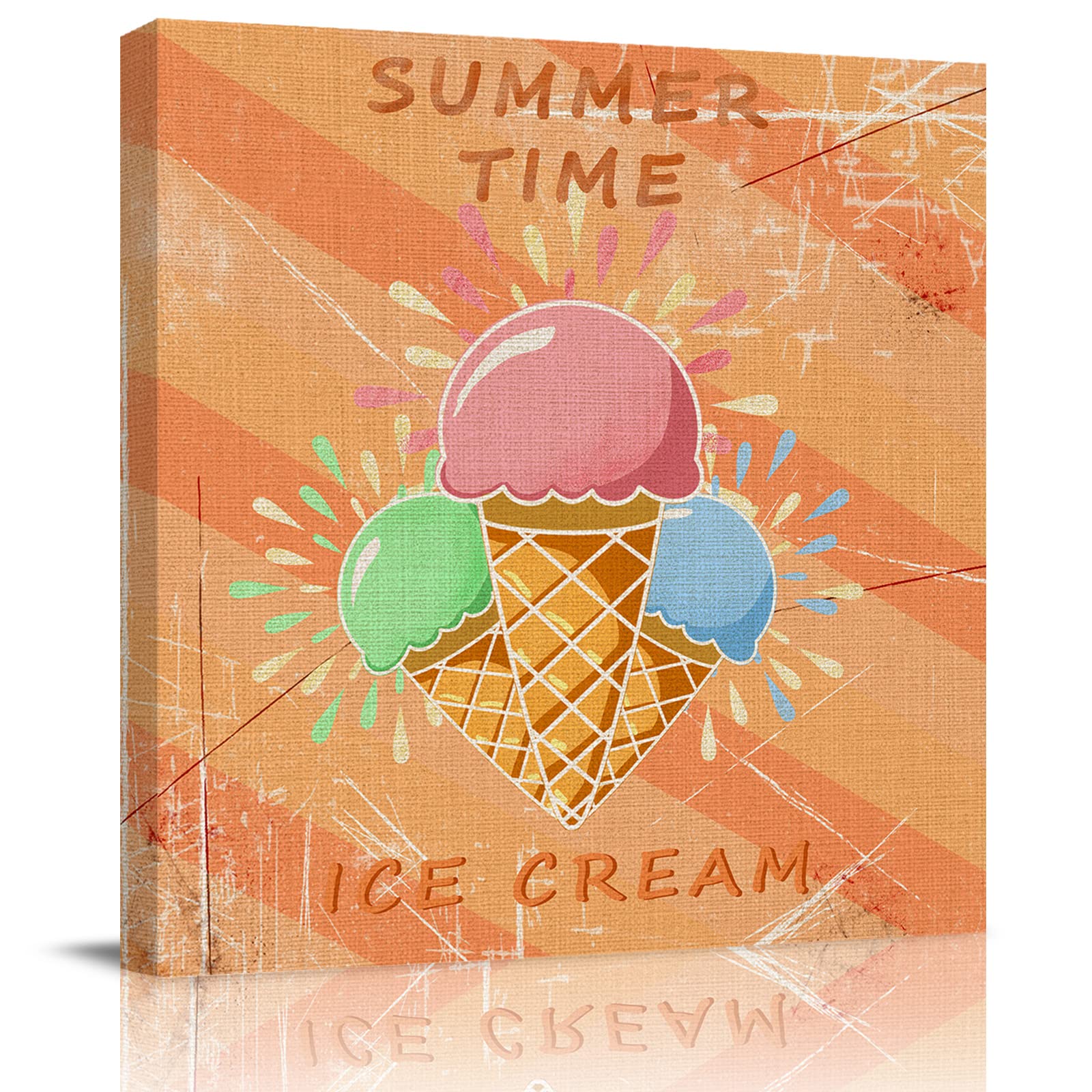 Summer Time Ice Cream Oil Painting Canvas Wall Art - Stretched & Framed Watercolor Orange Stripes Retro Picture Prints - Ready to Hang Wall Decor for Living Room, Kitchen, Bathroom (24x24 Inches) - Perfect for Beach House, Ice Cream Shop & Retro Themed Rooms