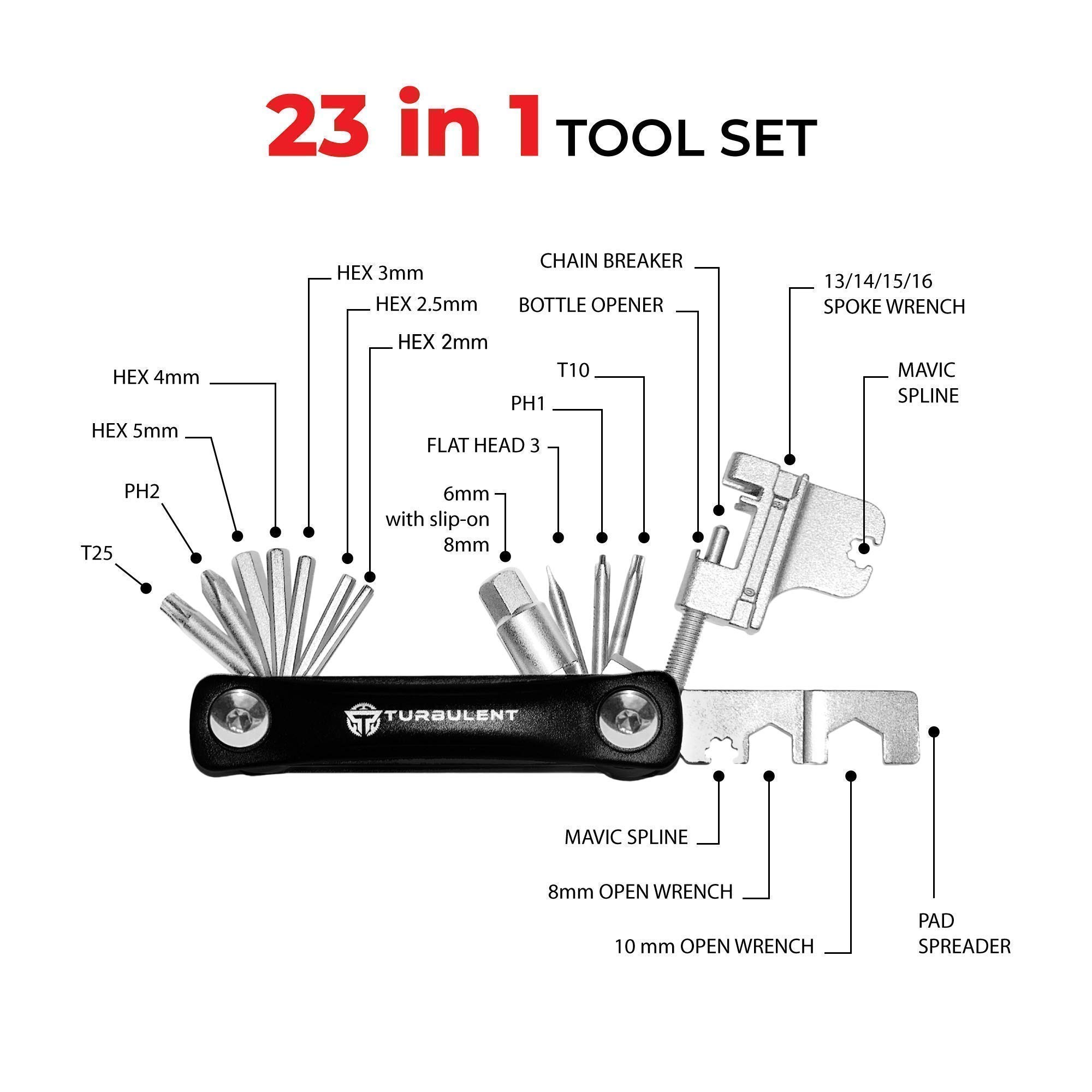 TURBULENT Bike Repair Kit - 23-in-1 Multi-Tool & CO2 Tire Inflator Set for Mountain & Road Bikes - Emergency Cycling Gear for Flat Tires & Trailside Repairs