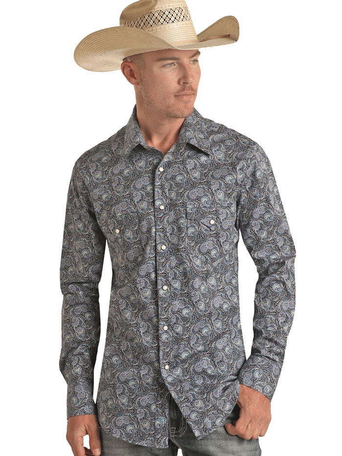 Rock & Roll Denim BMN2S03340 Men's Long Sleeve Paisley Snap Button Shirt Blue - Perfect for Concerts, Parties & Casual Wear