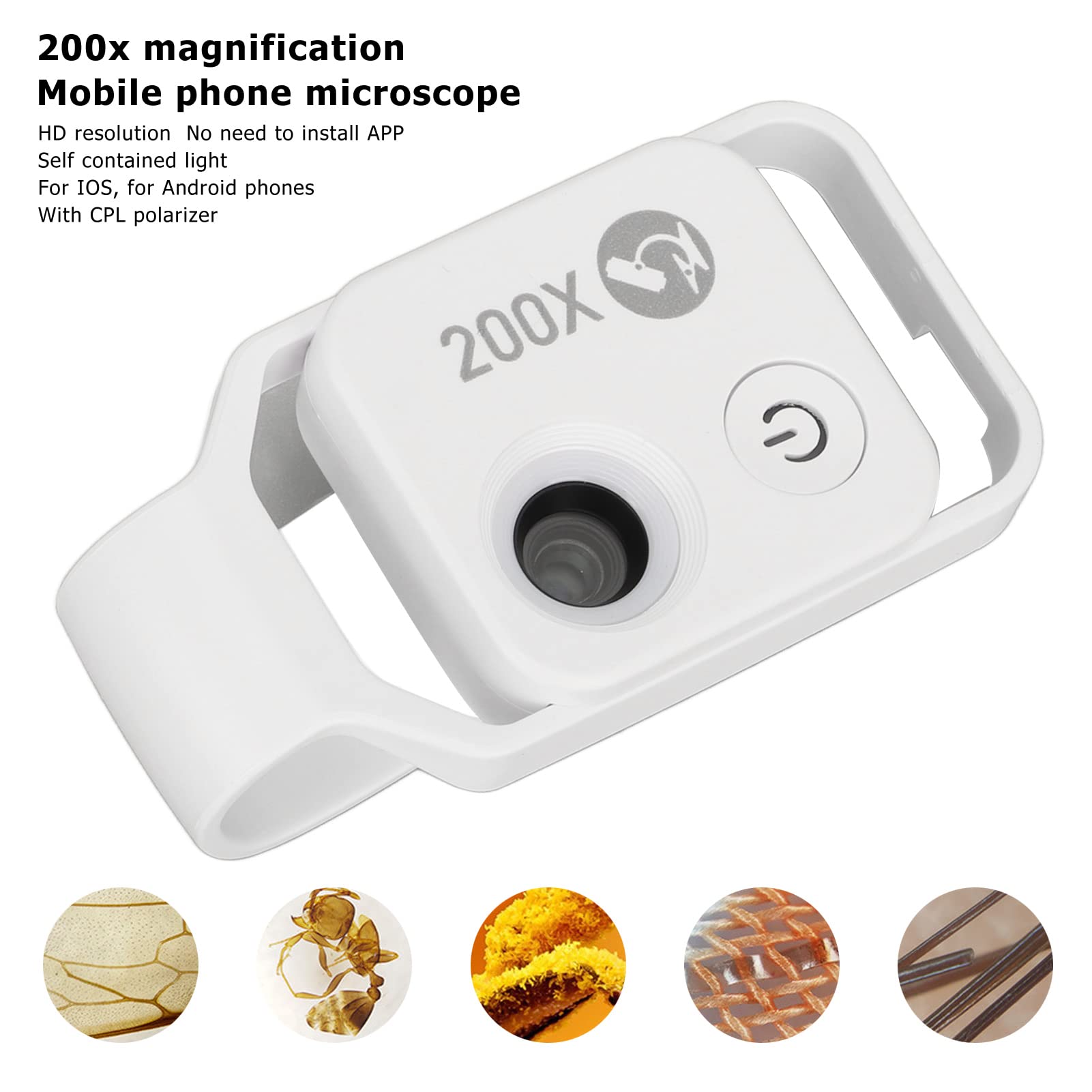 200X Phone Microscope with CPL & LED Light - Mini Pocket Microscope Clip for iPhone Android - Perfect for Jewelry, Coins, Stamps & Science Exploration (White)