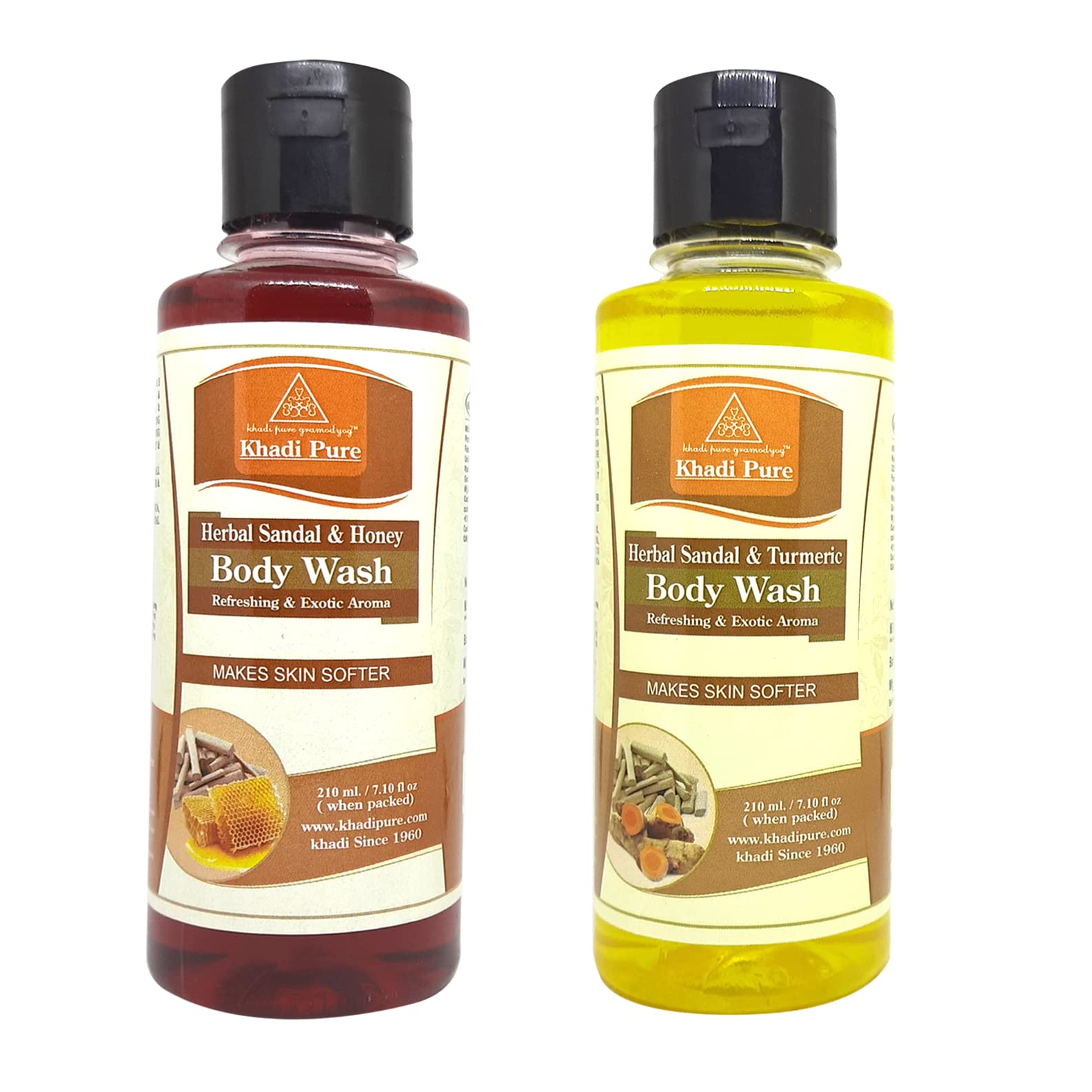 Khadi Pure Sandal Honey & Sandal Turmeric Body Wash for Glowing Skin - 210ml (Pack of 2) - Natural Ayurvedic Cleanser for Dry & Sensitive Skin - Perfect for Daily Shower & Spa Relaxation