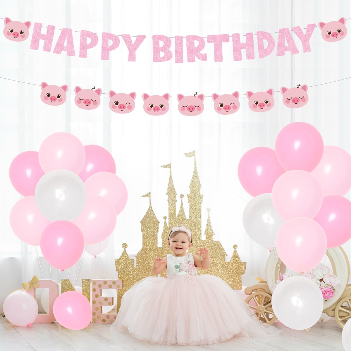 Pink Pig Birthday Party Decorations - Happy Birthday Banner, Garland & Cake Toppers for Girls Birthday, Baby Shower | Perfect for Themed Parties, 1st Birthday Celebrations & Nursery Decor