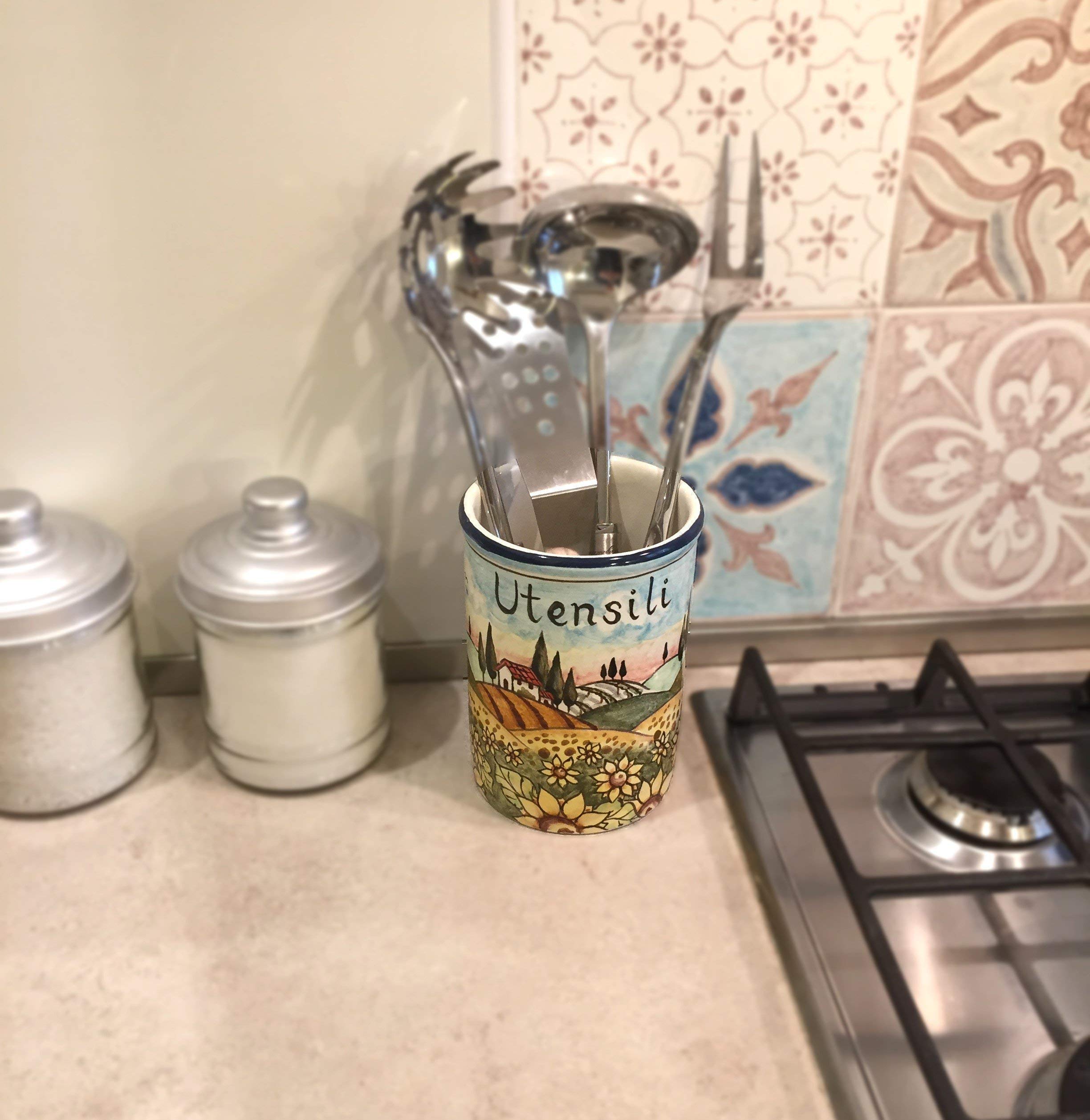 Hand-Painted Italian Ceramic Utensil Holder - Tuscan Sunflower Landscape Art Pottery | Made in Italy | Perfect for Kitchen Decor & Gift Giving
