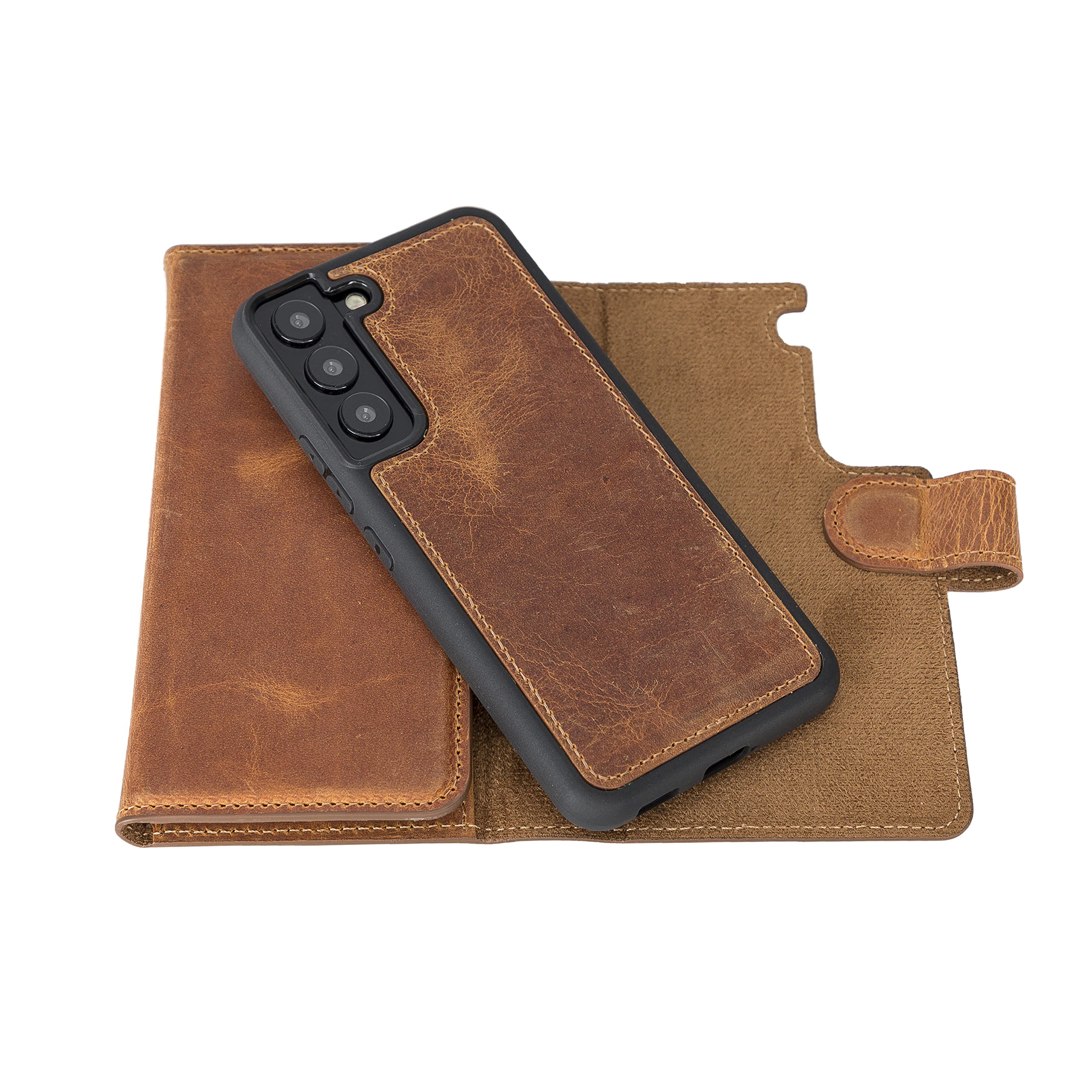 Premium Full Grain Leather Tri-Fold Wallet Case for Samsung Galaxy S22 - 2-in-1 Magnetic Flip Cover with Card Slots & Detachable Durable Frame (Antique Camel) | Perfect for Business, Travel & Everyday Use
