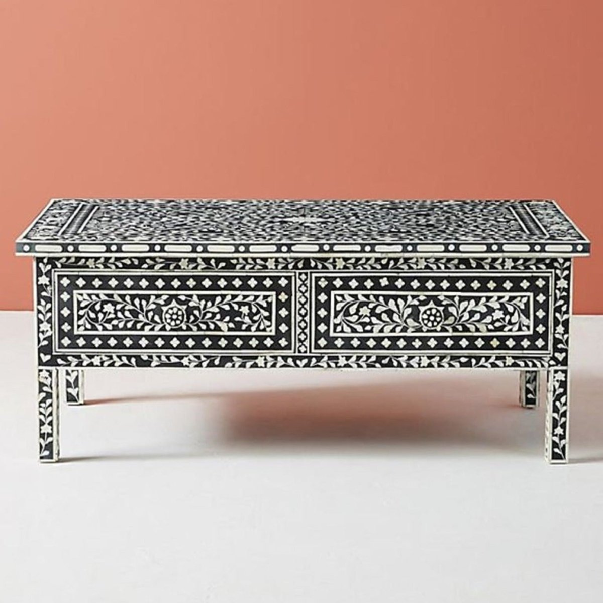 Handmade Bone Inlay Floral Design Black Two-Drawer Small Coffee Table - Perfect for Living Room, Bedroom & Office Decor