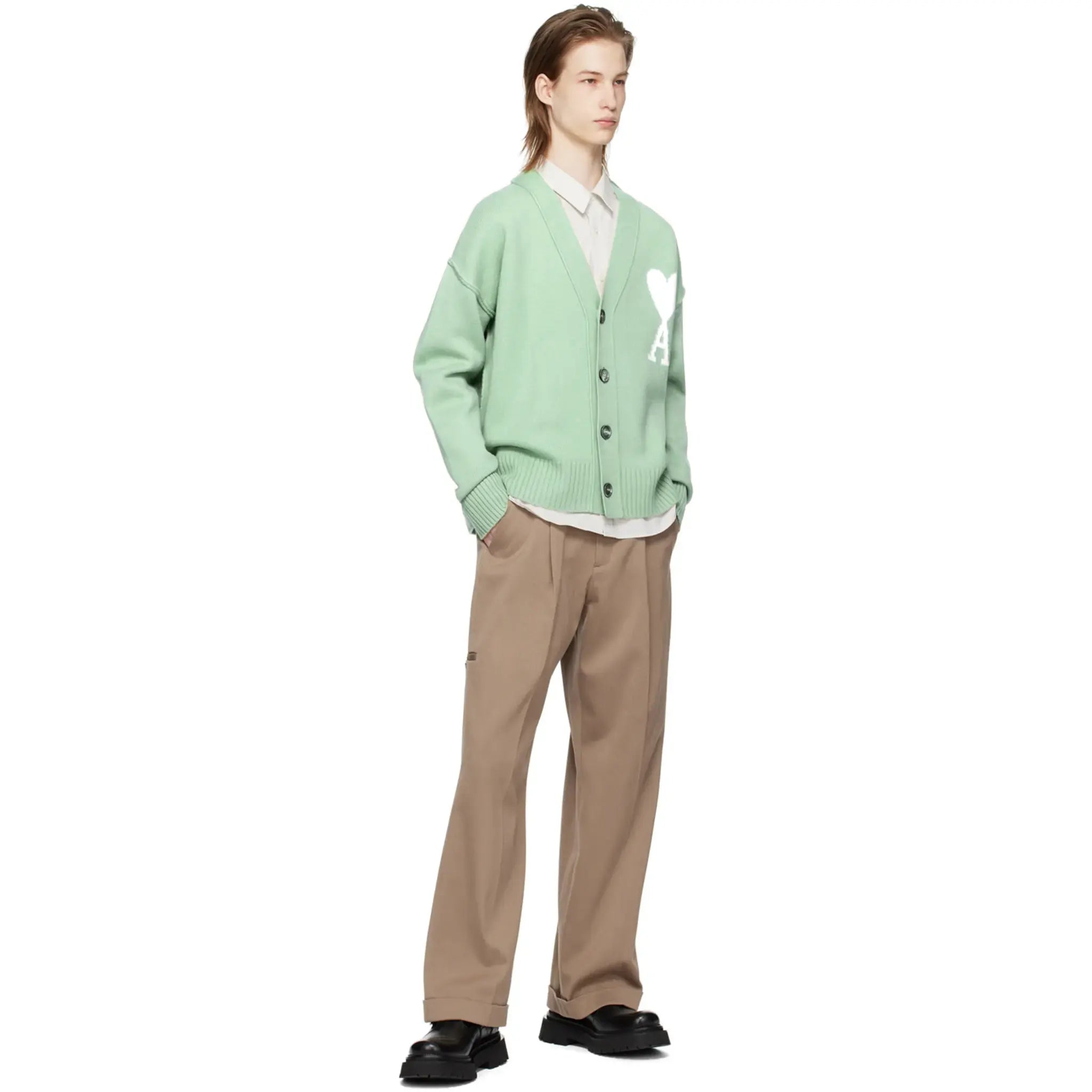 Ami Paris Ami De Coeur Green Cardigan for Women - Soft Knit Sweater | Casual & Office Wear | Perfect for Fall & Winter Outfits
