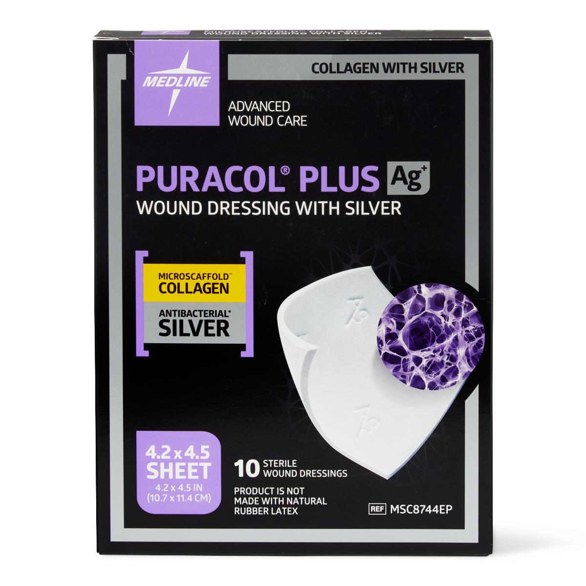 Puracol Plus AG Collagen Dressings, 4.25x4.5 Inches, Box of 10 - Advanced Wound Care for Chronic Ulcers, Burns & Surgical Wounds | Medical Grade Collagen Bandages for Faster Healing