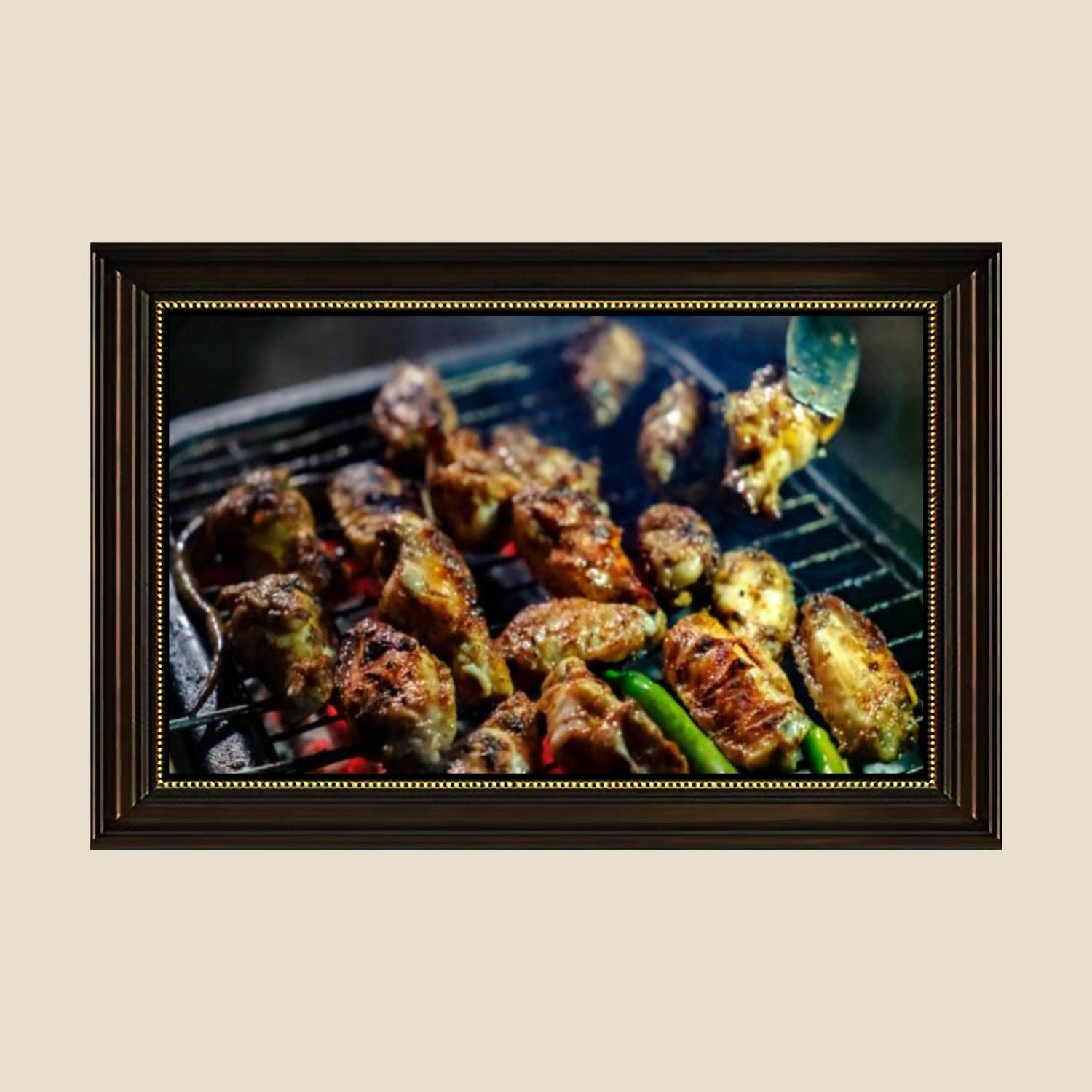 Grilled Charcoal Chicken Wings Canvas Wall Art Print - 24x36 Inch Retro Framed Painting Poster - Ready to Hang Home Decor for Living Room, Bedroom, Kitchen & Dining Area - Perfect for Food Lovers & Restaurant Style Decor