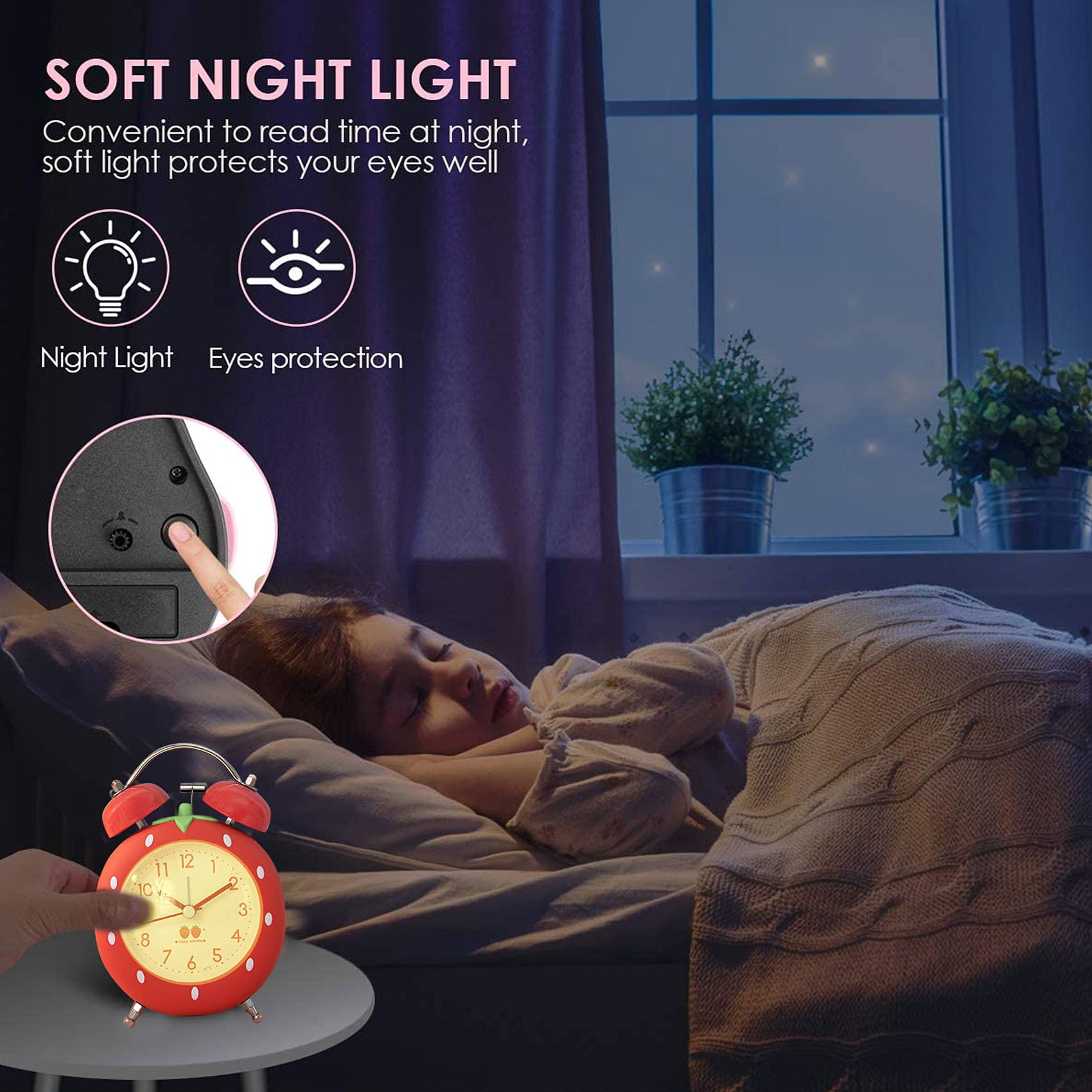 **Strawberry Shaped Alarm Clock for Kids & Heavy Sleepers - Loud Twin Bell with Backlight, Bedroom Decor & Nightstand Clock (Red)**    **Use Cases:** Perfect for kids' rooms, heavy sleepers, bedroom decor, nightstands, and as a fun gift for birthdays or holidays.