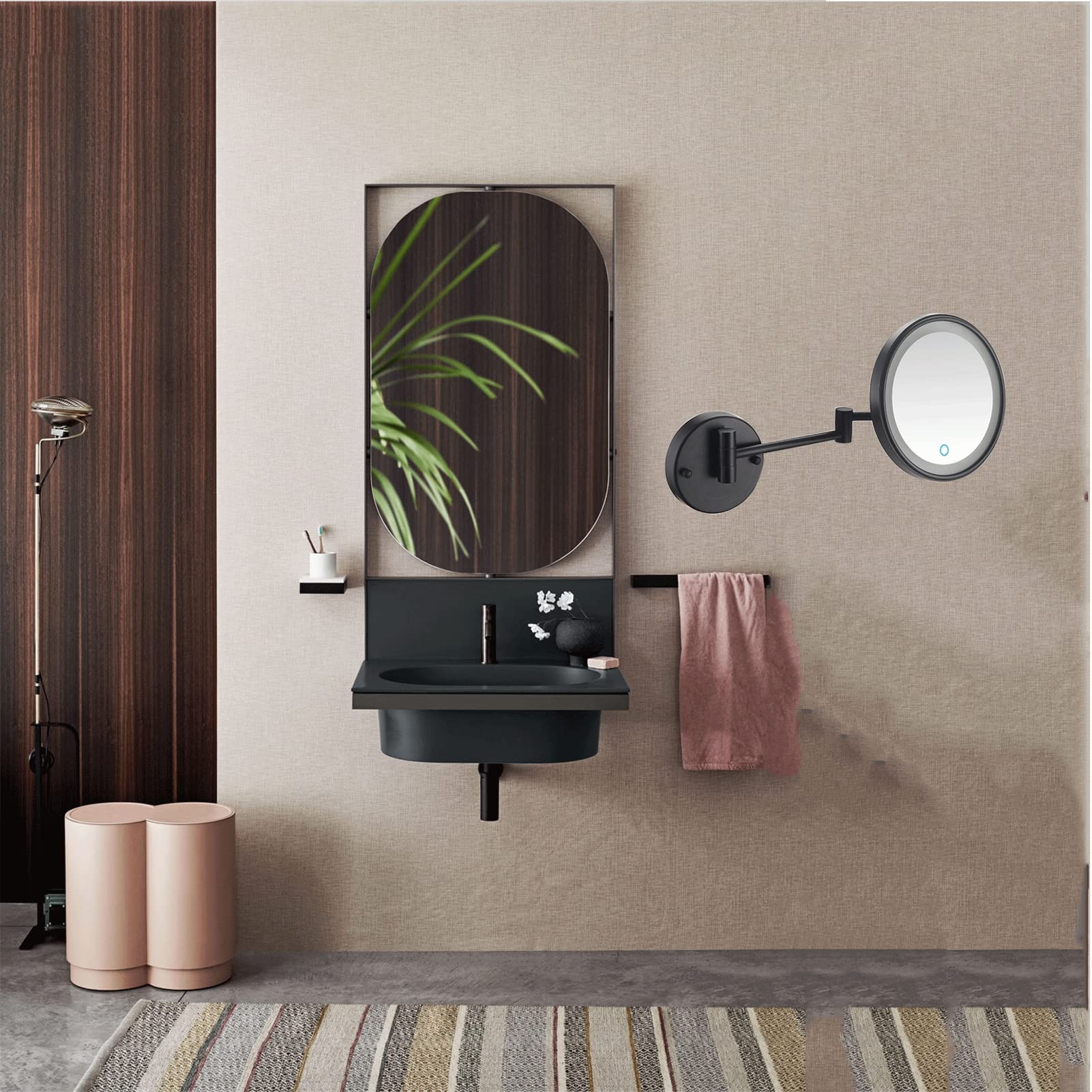 LED Makeup Mirror with Lights - Wall Mounted 360° Rotating Vanity Mirror with Touch Screen & 5X Magnification - Matte Black Bathroom Mirror for Makeup, Shaving & Hotel Use