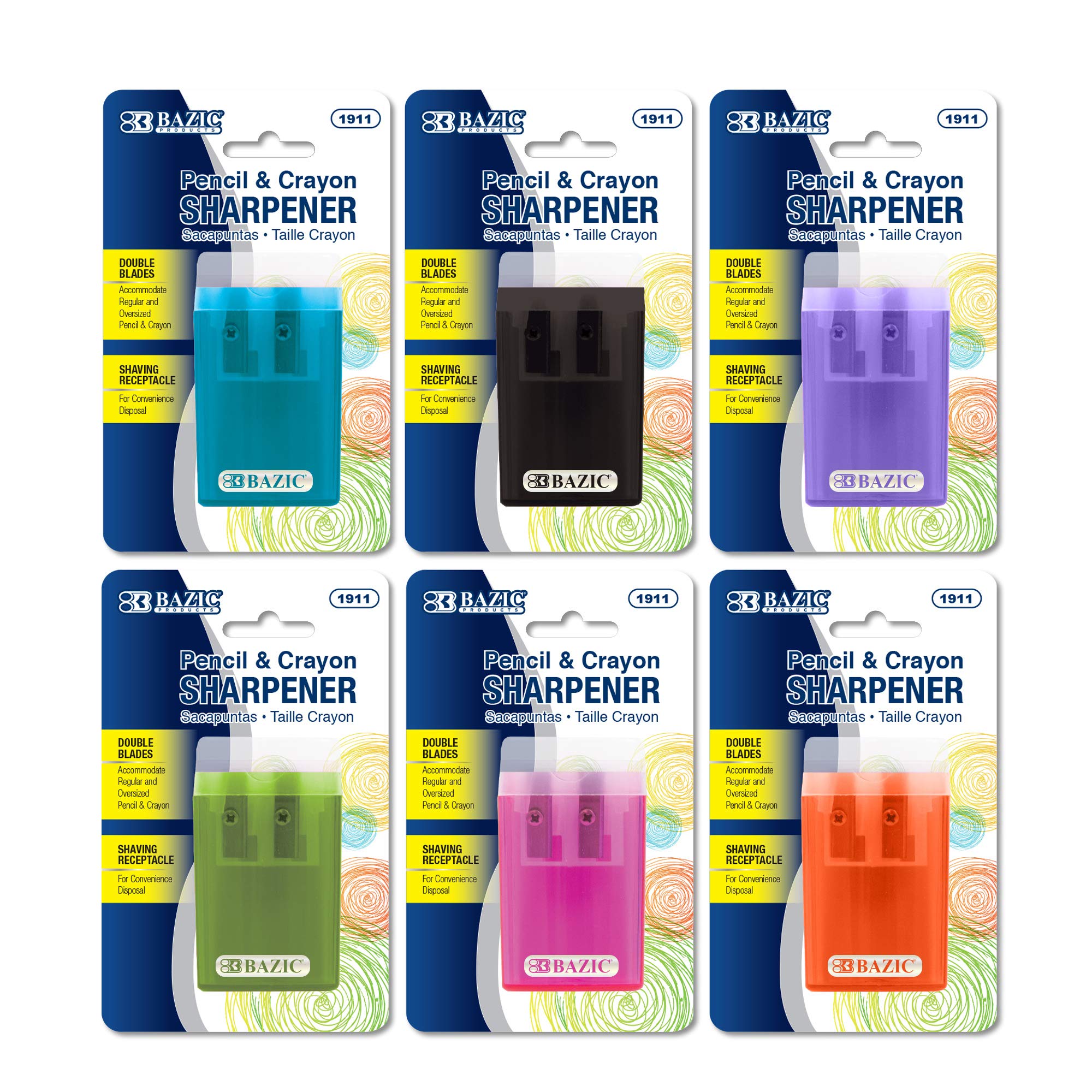 BAZIC Dual Blade Pencil Sharpener with Lid & Receptacle - Sharpens Standard & Jumbo Pencils & Crayons - 6-Pack for Office, School & Art Projects - Perfect for Students, Teachers & Artists