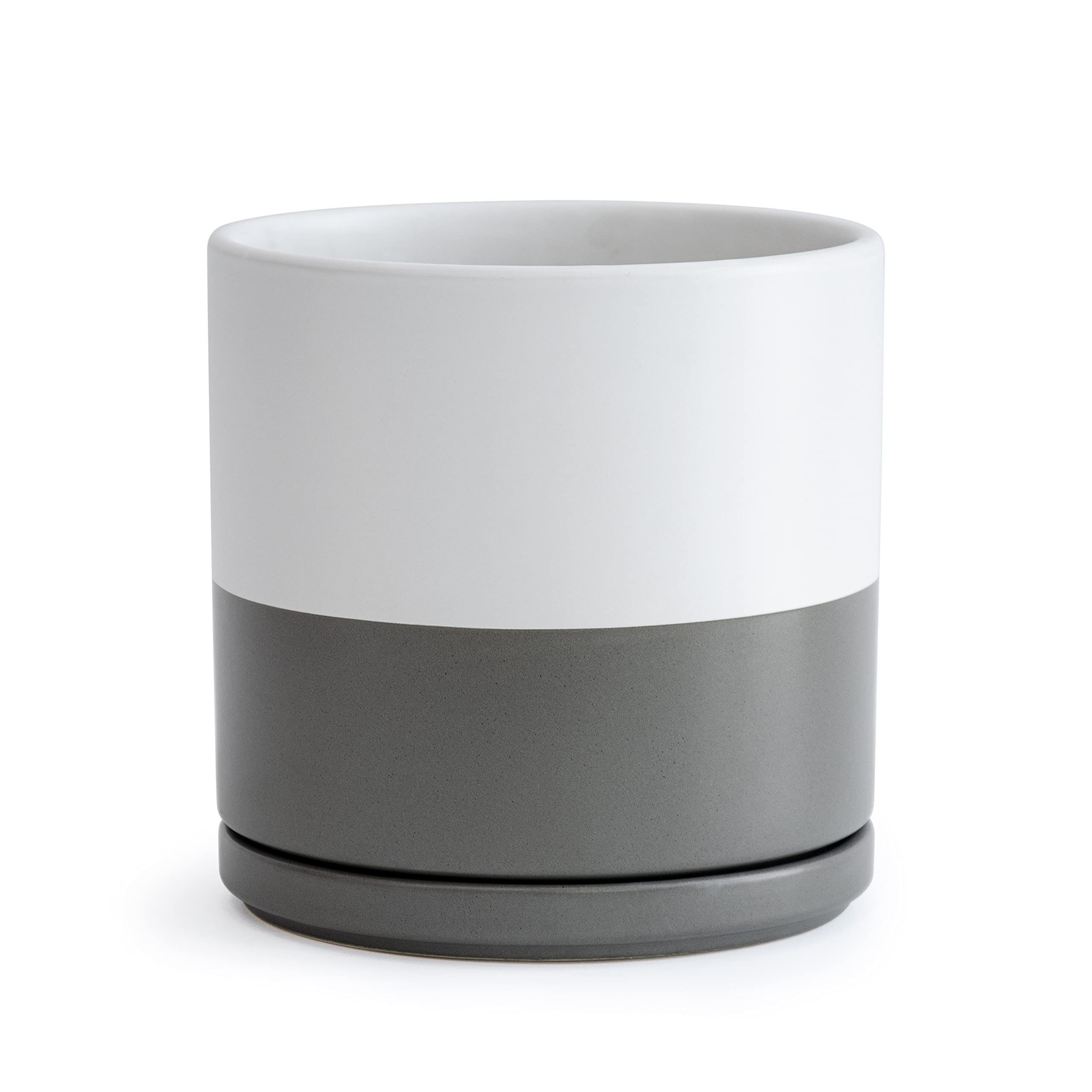 8 Inch Ceramic Planter Pot with Drainage Hole & Saucer - Indoor Cylinder Round Flower Pot for Plants (White/Speckled Grey) - Perfect for Home Decor, Office Desk, and Living Room Plants