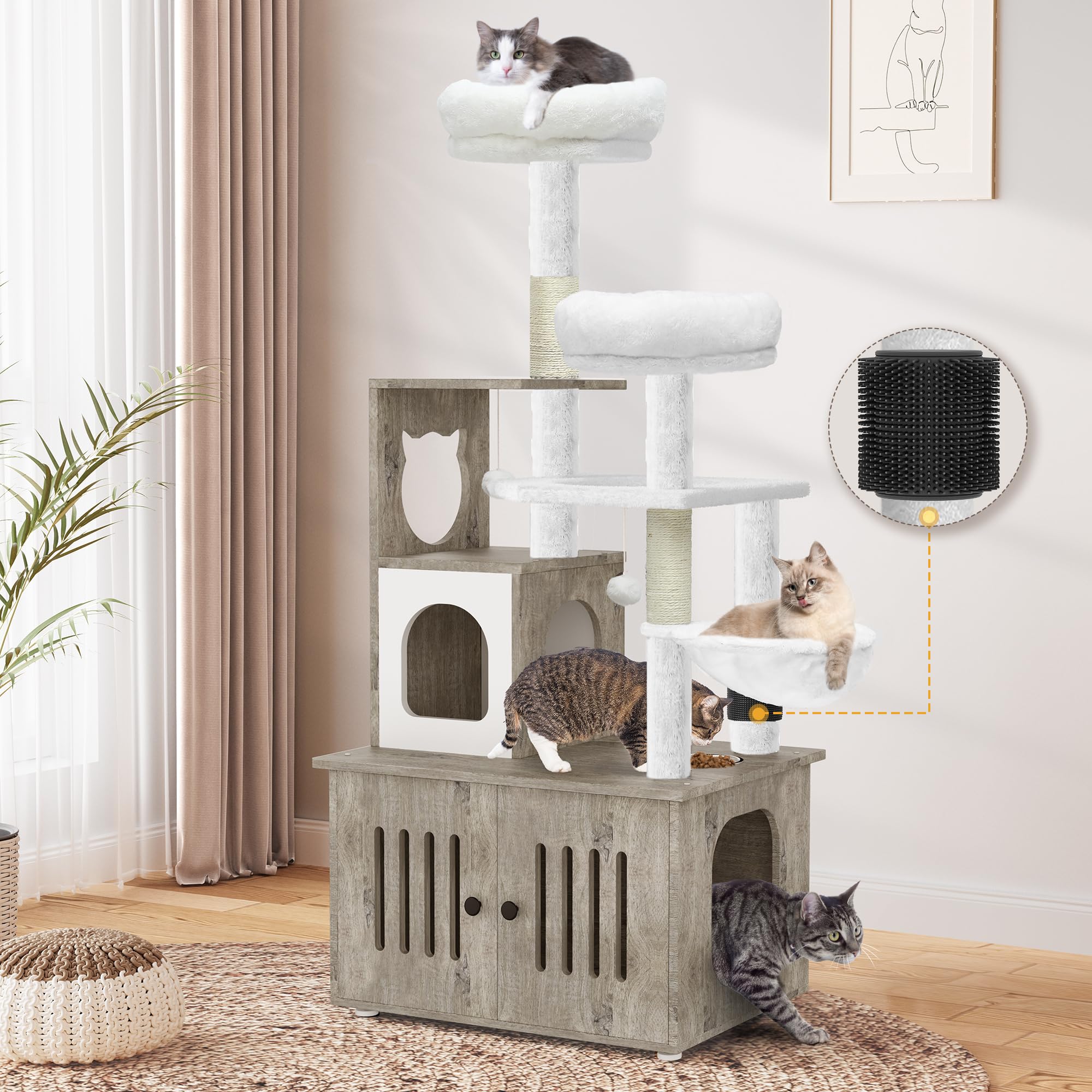 YITAHOME 59 Inch Modern Cat Tree with Litter Box Enclosure - 2-in-1 Cat Furniture, Indoor Cat Tower with Wood House, Perch, Food Station, Hammocks & Scratch Post - Gray Cat Condo for Small Spaces, Perfect for Apartments & Home Decor