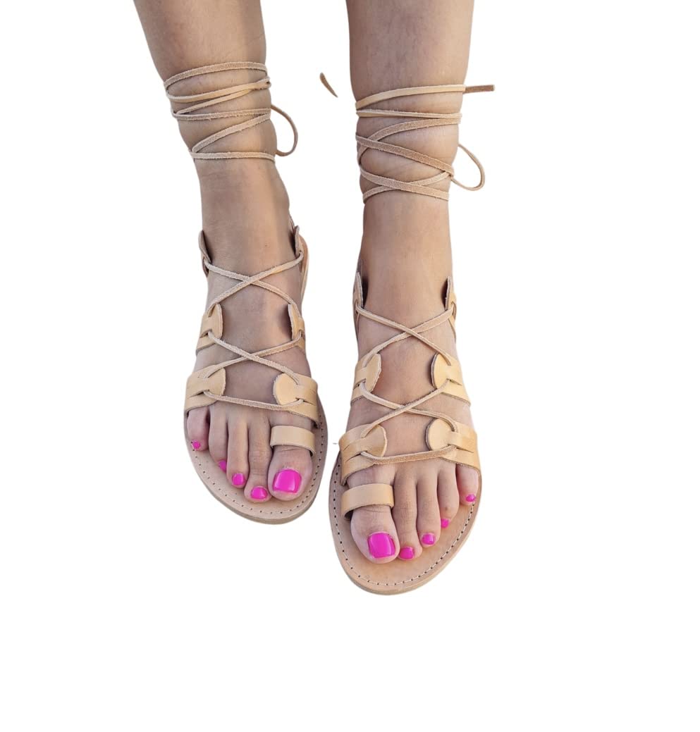 Handmade Greek Leather Sandals - Tie Up Gladiator Sandals for Women | Lace Up Flat Sandals | Perfect for Beach, Vacation & Summer Outfits