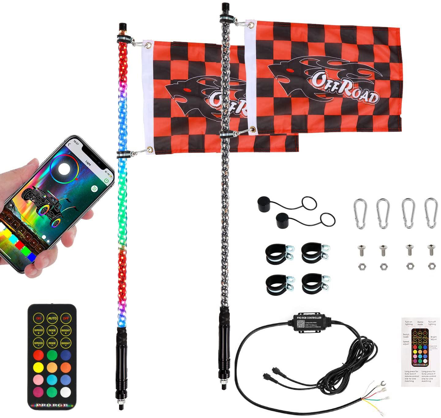 (2-Pack) 3FT/4FT LED RGB Whip Lights with Turn Signal & Brake Light - Bluetooth APP & Remote Control for ATV, UTV, Jeep, Off-Road Vehicles - Perfect for Night Rides, Camping & Outdoor Adventures
