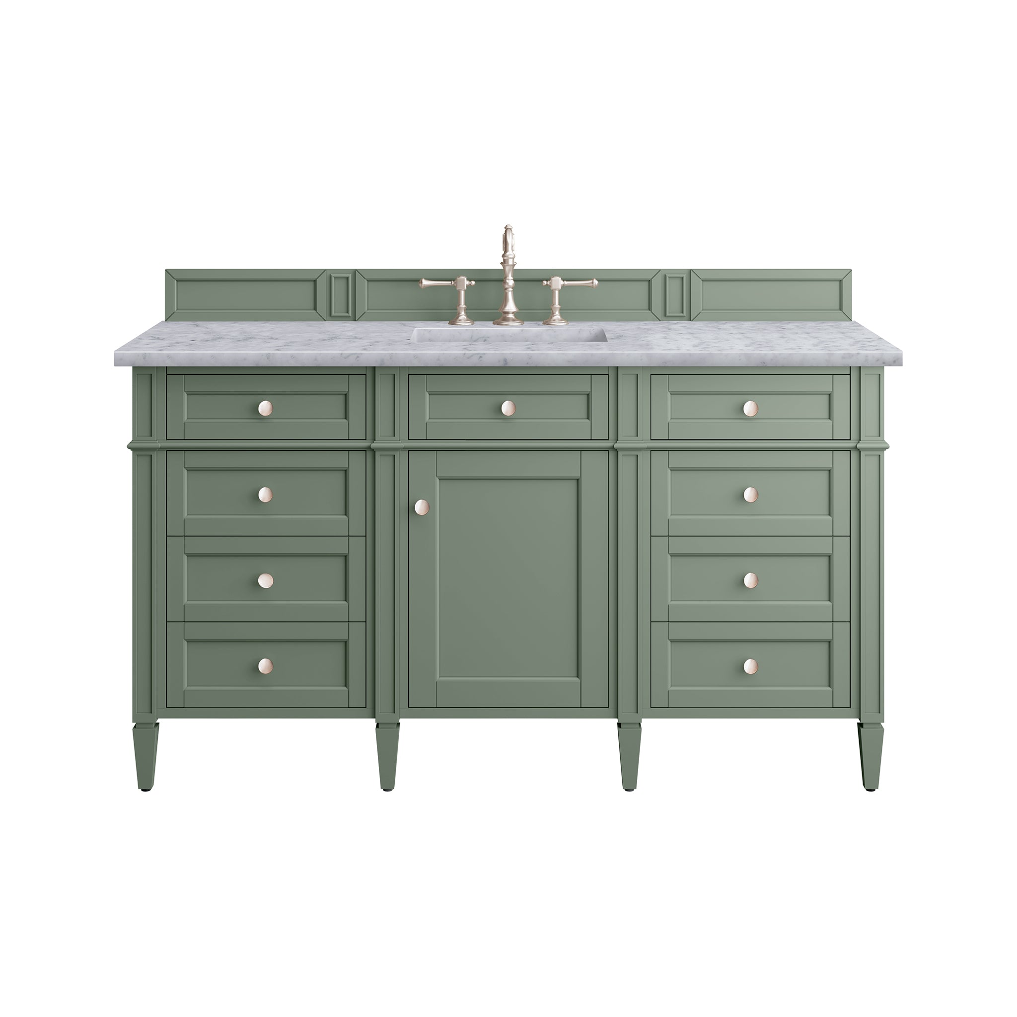 Brittany 60 Inch Single Bathroom Vanity with Smokey Celadon Finish & 3CM Carrara Marble Top - Perfect for Modern Master Bathrooms and Powder Rooms
