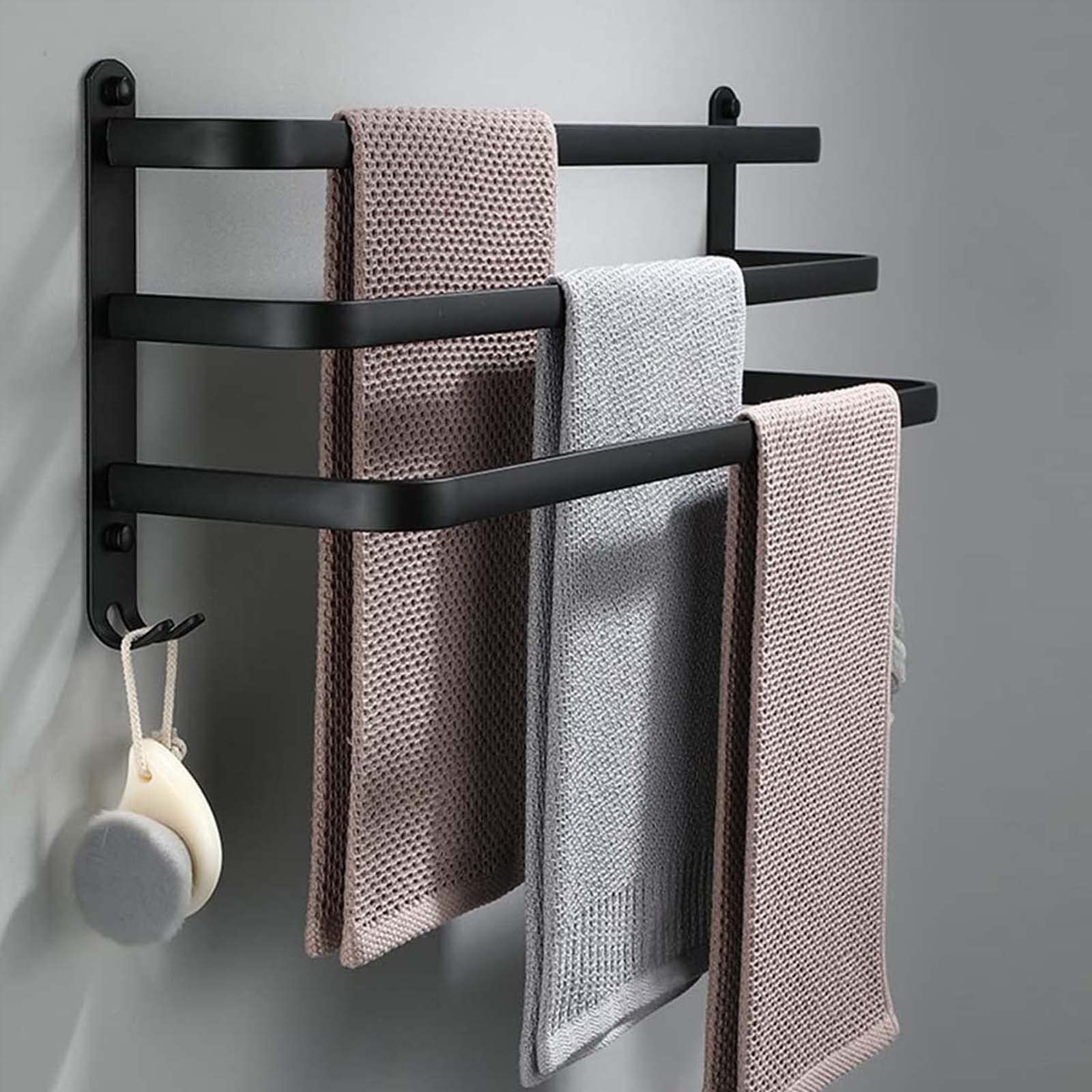 60cm No Drill Black Wall Mounted Towel Rail - Bathroom & Kitchen Towel Holder for Hand, Dish & Bath Towels - Space Saving Bathroom Accessory Set for Small Spaces