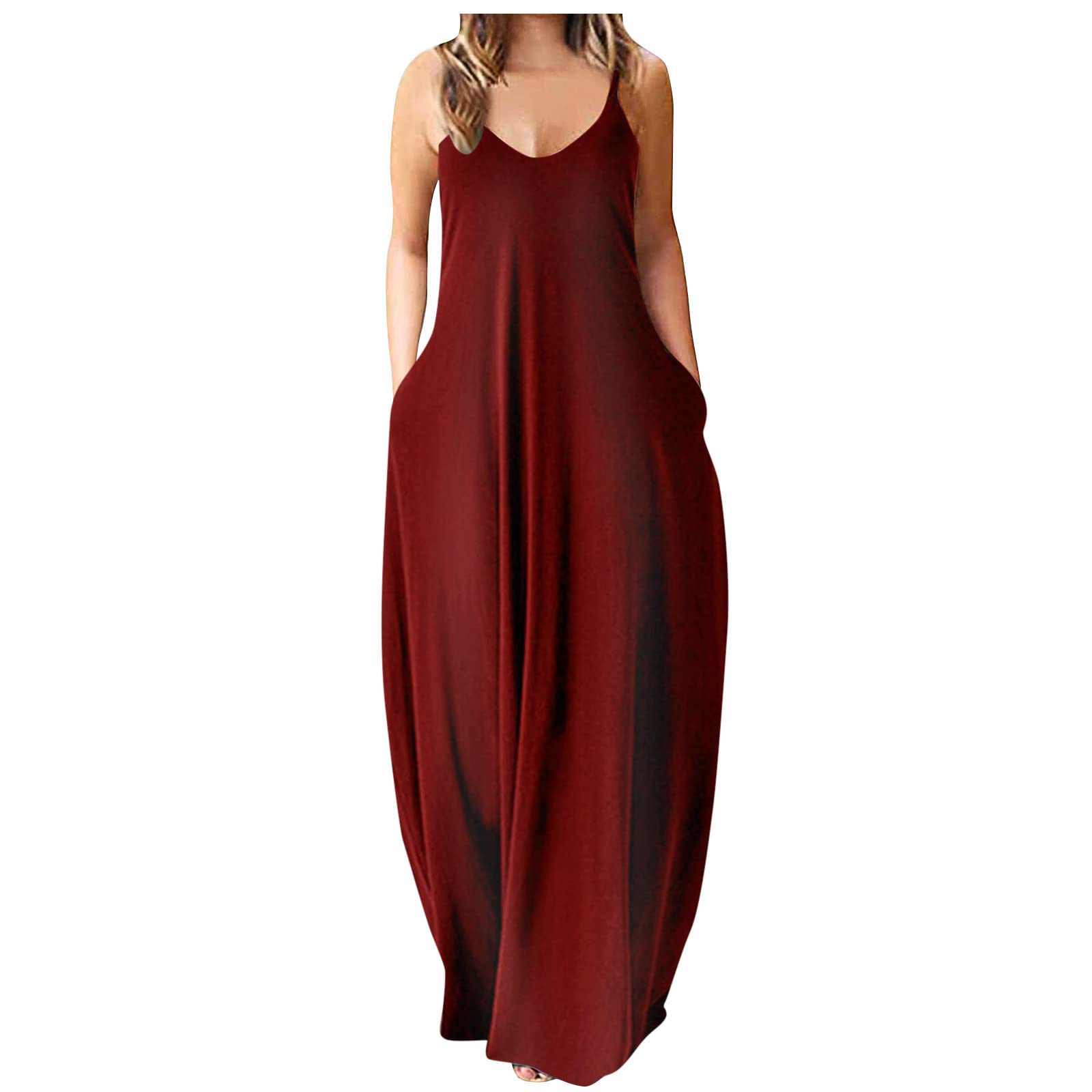 Women's Summer Casual Cocktail Maxi Dress with Pockets - Elegant Plain Cami Long Dress for Beach, Party & Everyday Wear