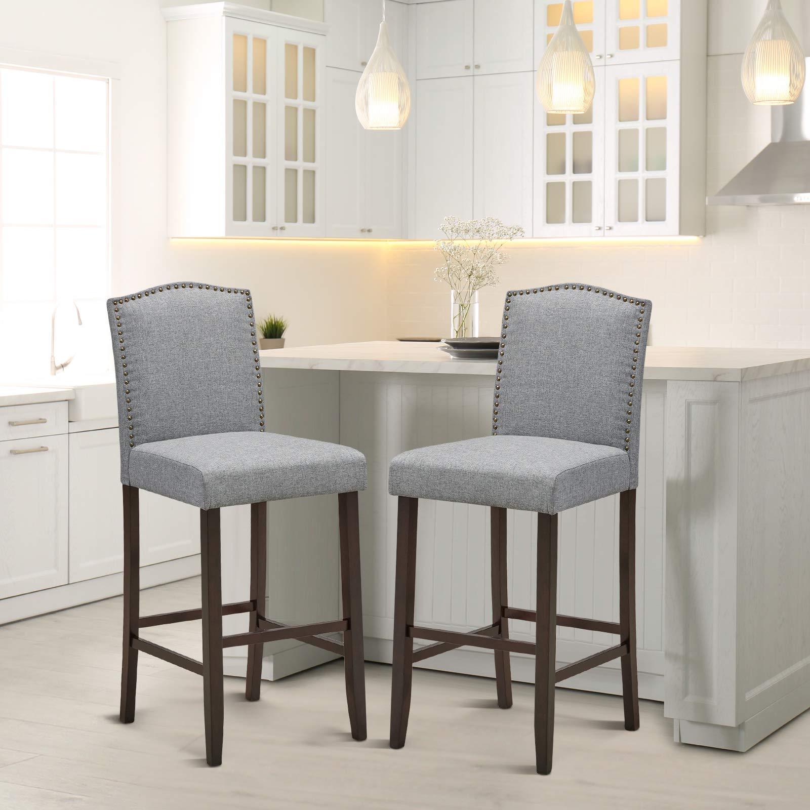 COSTWAY 2-Pack 29 Inch Upholstered Bar Stools with S-Shaped Spring Thick Cushion, Rubber Wood Legs, High Back Counter Stools for Kitchen Island, Breakfast Bar, Dining Room & Living Room (Set of 2, Grey) - Perfect for Entertaining, Casual Dining & Home Decor