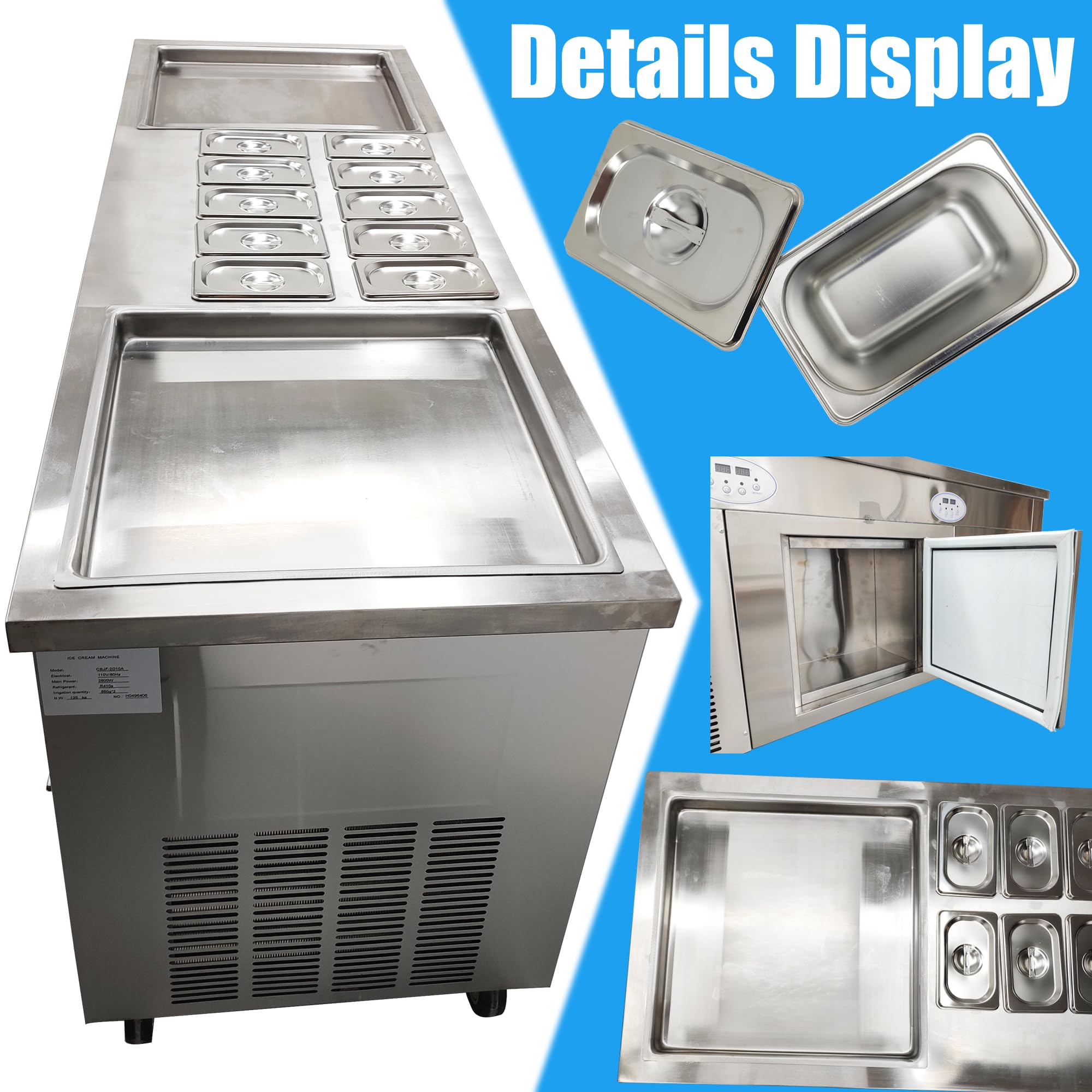 Commercial Electric Stainless Steel Rolled Ice Cream Maker Machine - Double Pot & Compressor for Fried Ice Cream & Yogurt - 10 Buckets with Lids (110V) - Perfect for Restaurants, Cafes & Dessert Shops
