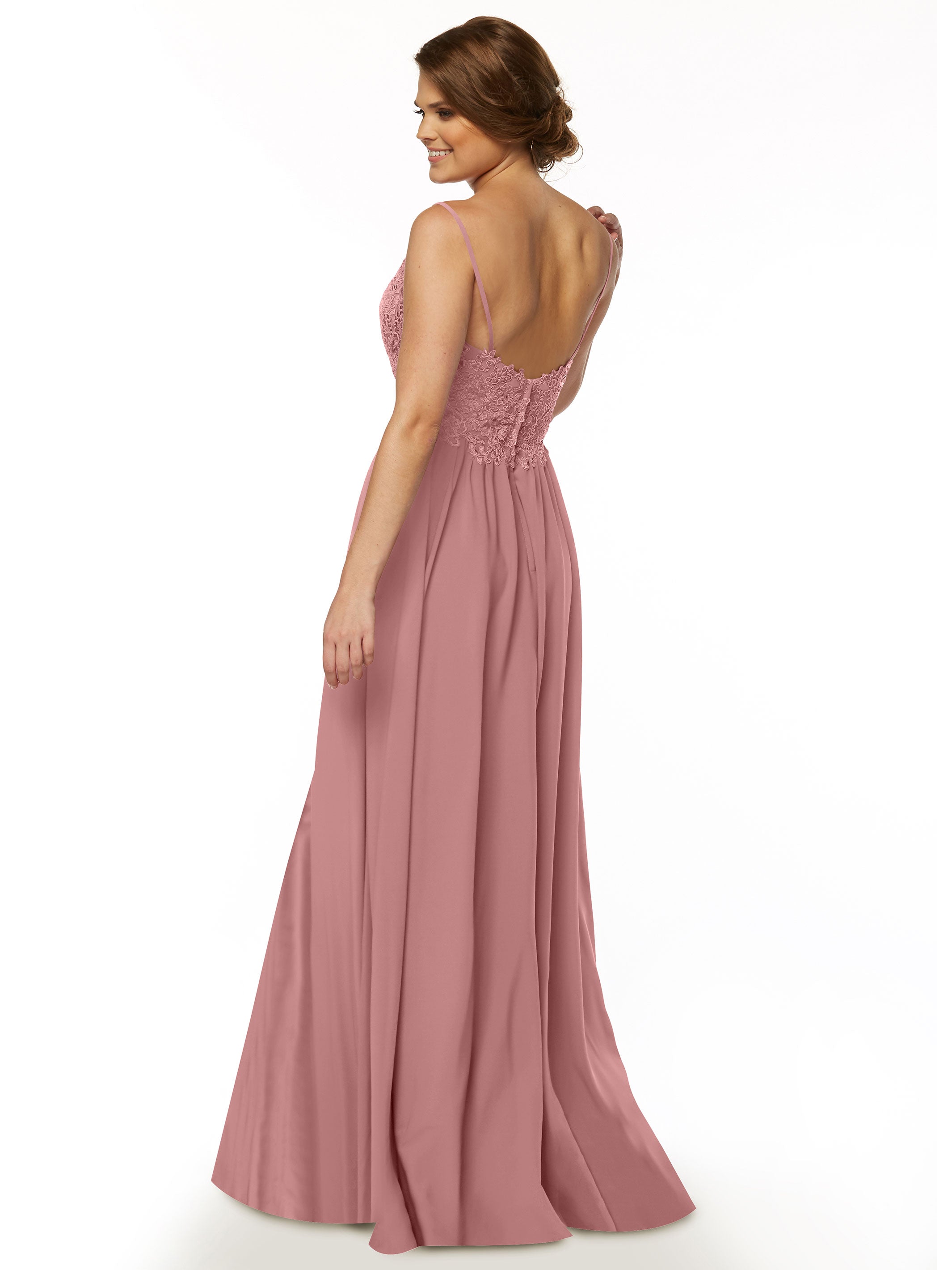 Elegant A-Line Stretch Chiffon Bridesmaid Dress with Lace Bodice & High Slit - Perfect for Weddings, Proms & Formal Events