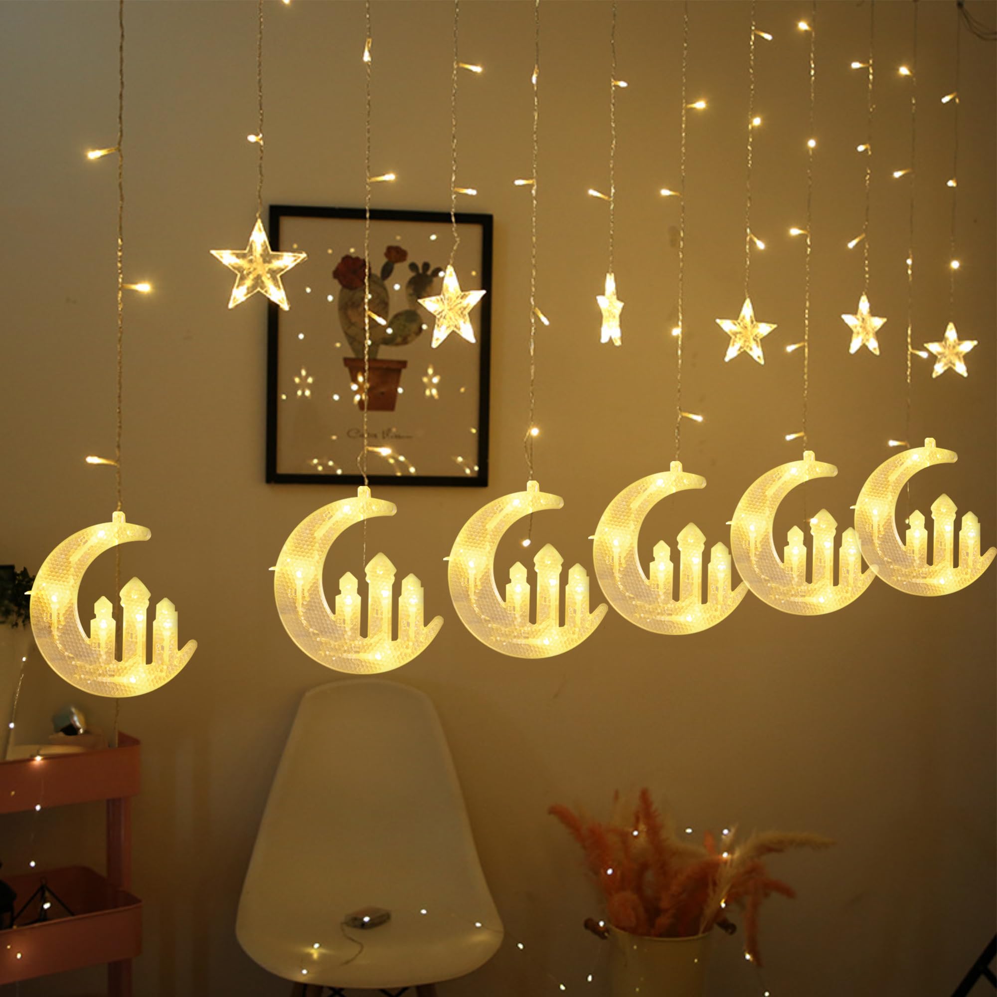 Dazzling 138 LED Moon Star & Fairy Tale Castle String Lights - 8 Lighting Modes USB Fairy Lights for Home Decor, Ramadan, Christmas, Wedding, Party, Eid - Perfect for Bedroom, Nursery, Garden & Holiday Decorations