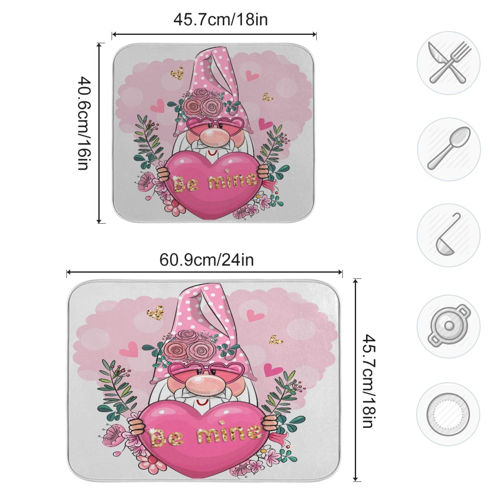 Valentine's Gnome Dish Drying Mat - Pink Heart Absorbent Kitchen Mat (16x18