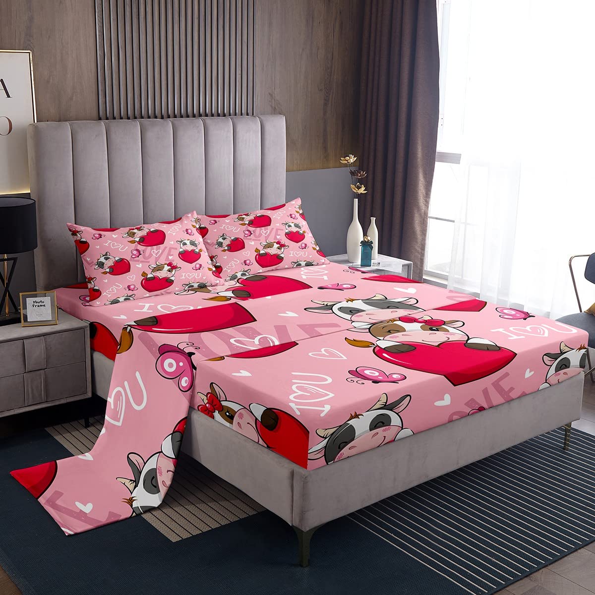 Cartoon Butterfly Sweet Heart 3-Piece Kids Bedding Set - Twin Fitted Sheet, Flat Sheet & Pillowcase for Girls & Teens - Cute Pink Animal Room Decor - Perfect for Bedrooms, Dorms & Sleepovers
