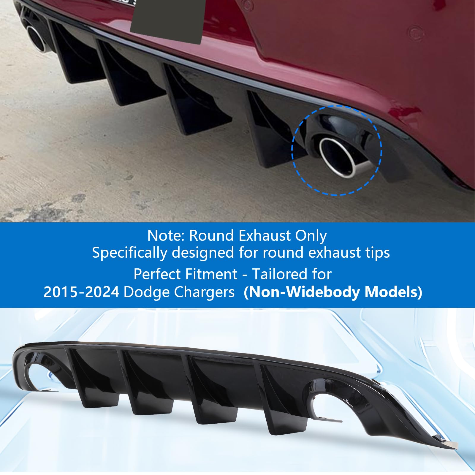 WildWell Rear Diffuser for 2015-2024 Dodge Charger SRT | Glossy Black Rear Bumper Lip Diffuser | Non-Widebody Models | Enhances Aerodynamics & Sporty Look for Street & Track Performance