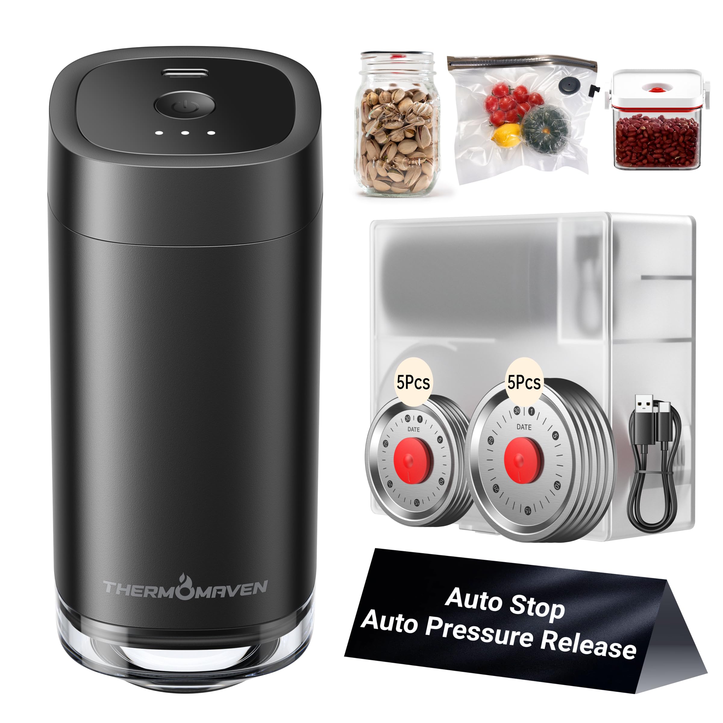 **10-Pack Mason Jar Vacuum Sealer Kit with Reusable Lids – 4-in-1 Automatic Vacuum Sealer for Canning Jars, Food Storage Bags, Containers & Wine Stoppers – One-Handed Operation with Auto-Stop (Black) – Perfect for Meal Prep, Sous Vide & Long-Term Food Preservation**