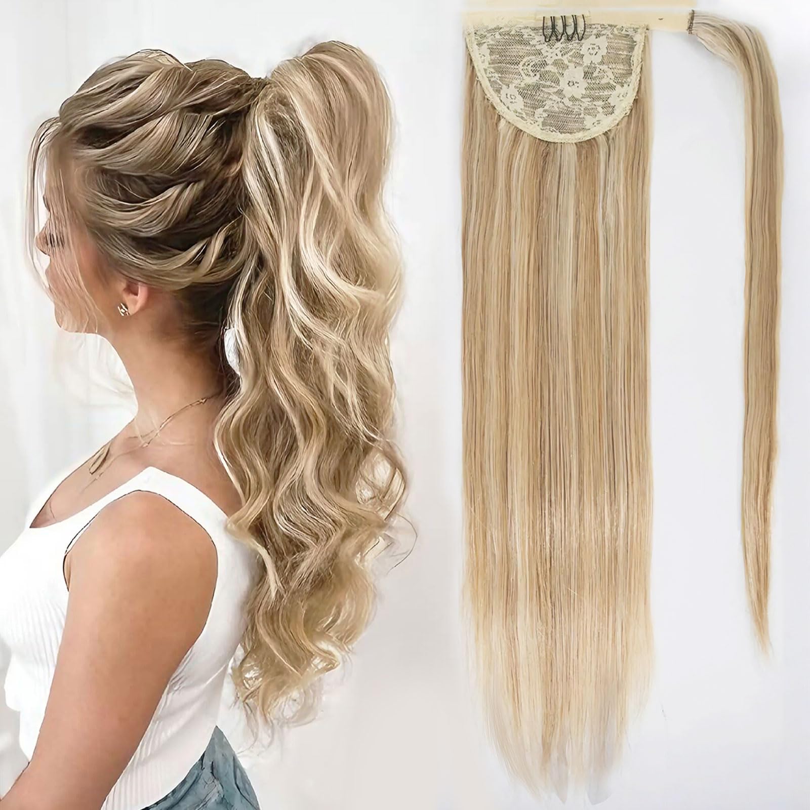 Tinashe 100% Remy Human Hair Ponytail Extension - 22inch Long Straight Clip-in Wrap Around Ponytail with Magic Paste for Women (Highlight #16/613) - Perfect for Parties, Weddings & Everyday Styling