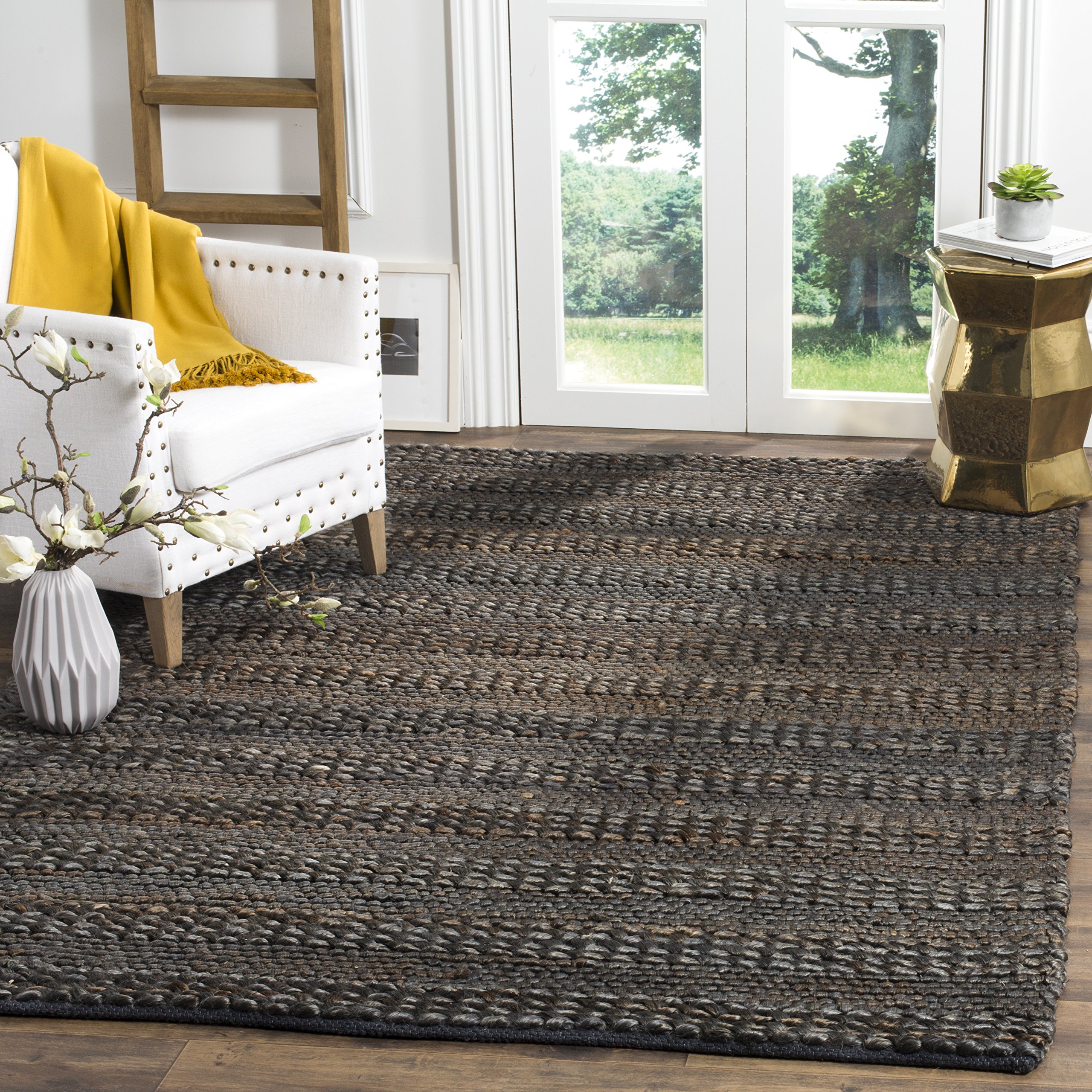 SAFAVIEH Handmade Braided Jute Area Rug 8' x 8' Square Charcoal - Natural Fiber Collection NF212C - Perfect for Boho Living Room, Bedroom or Eco-Friendly Home Decor