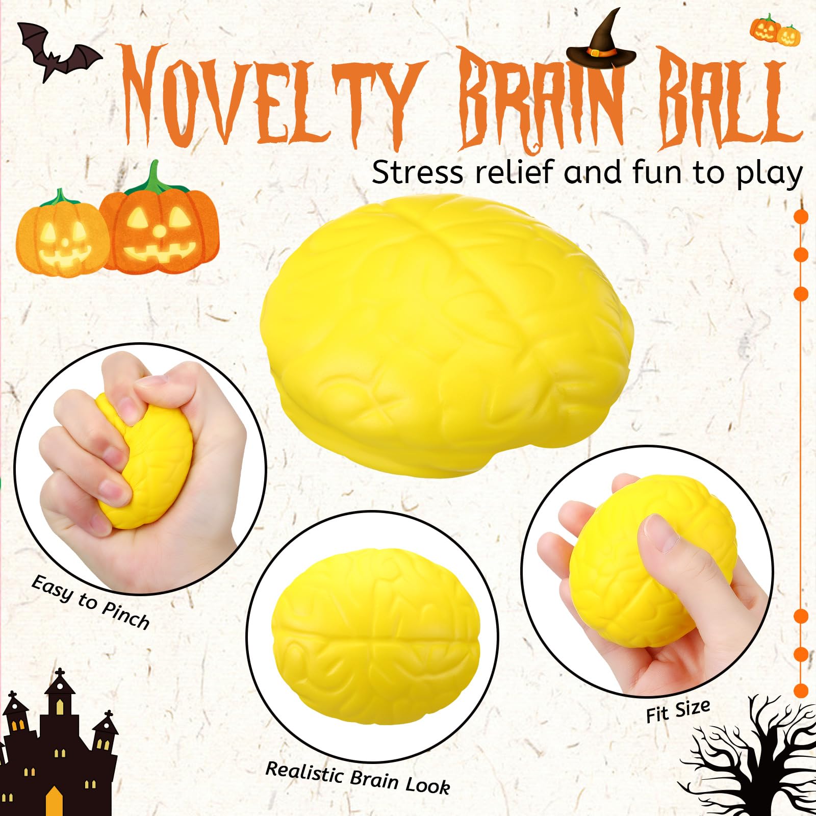 12 Pack Brain Stress Balls - Halloween Party Favors, PU Hand Exercise Balls for Stress Relief & Grip Strength Training - Fun Sensory Toys for Teens & Adults - Great for Office, Classroom, and Therapy Use (Yellow)