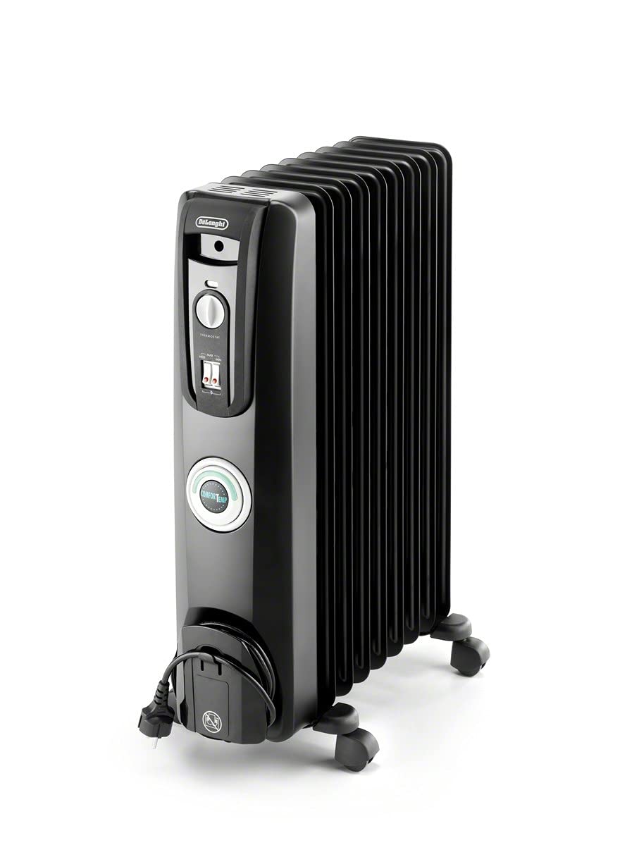 DeLonghi EW7707CBCA 1500W Oil-Filled Radiator Space Heater - Quiet, Adjustable Thermostat, 3 Heat Settings, Energy Efficient, Safety Features, Black - Perfect for Bedroom, Office & Home Heating
